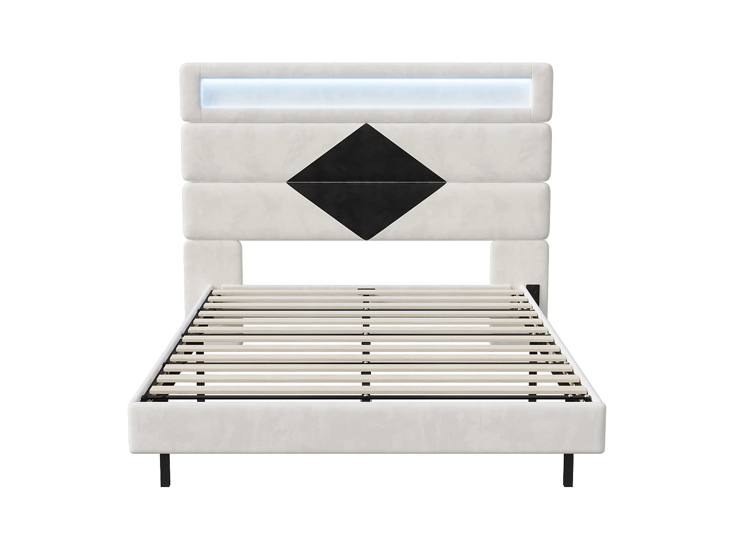 Lit triangle 140x190 cm avec LED et USB - lit adulte 140x190 cm - cadre de lit double 140x190 cm avec sommier à lattes - tissu en  velours - blanc cassé et noir