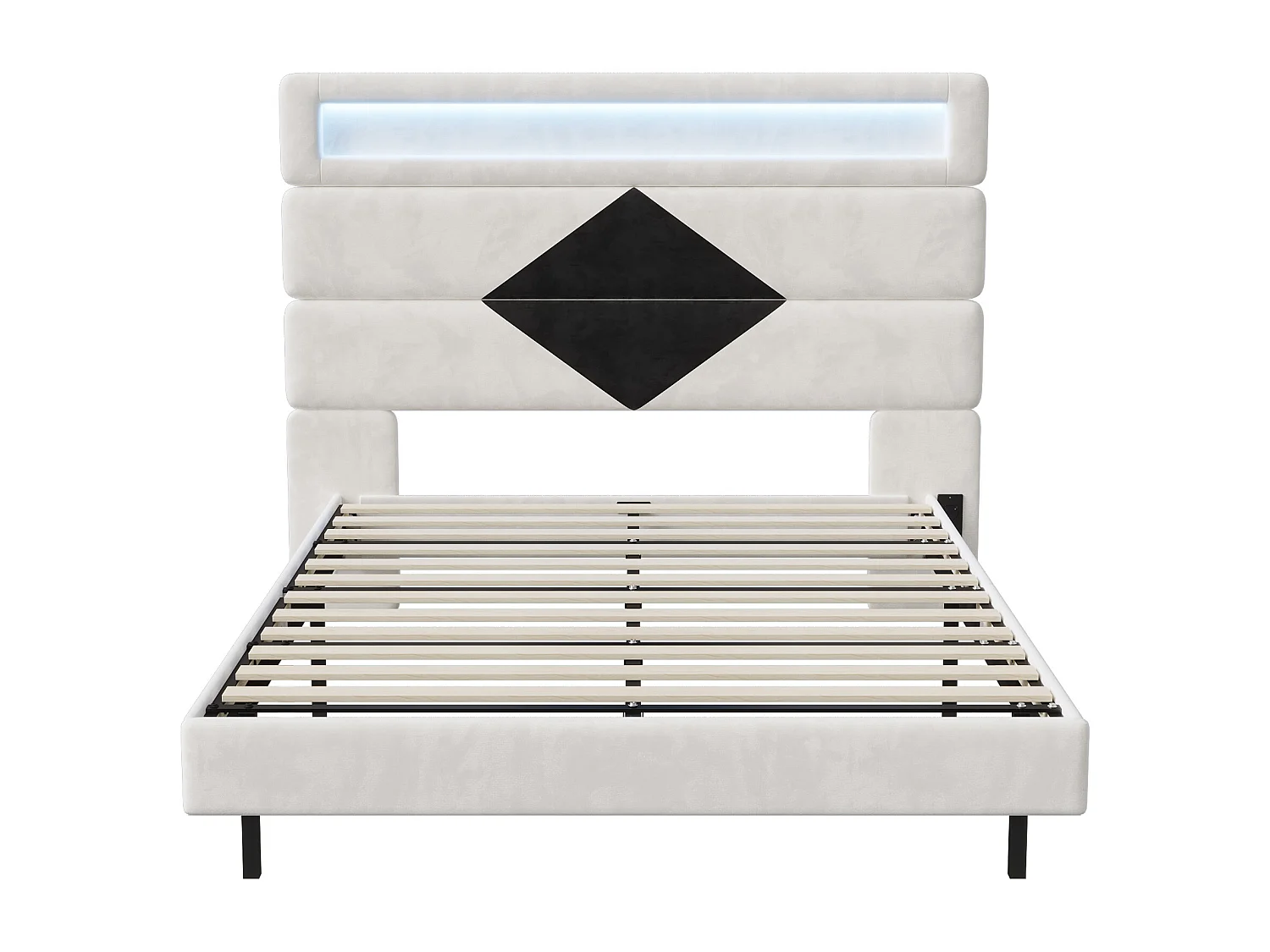 Lit 140x190 cm avec LED et USB - lit adulte avec sommier à lattes - tête de lit réglable - Pieds de lit dissimulés - tissu en  velours - blanc cassé et noir