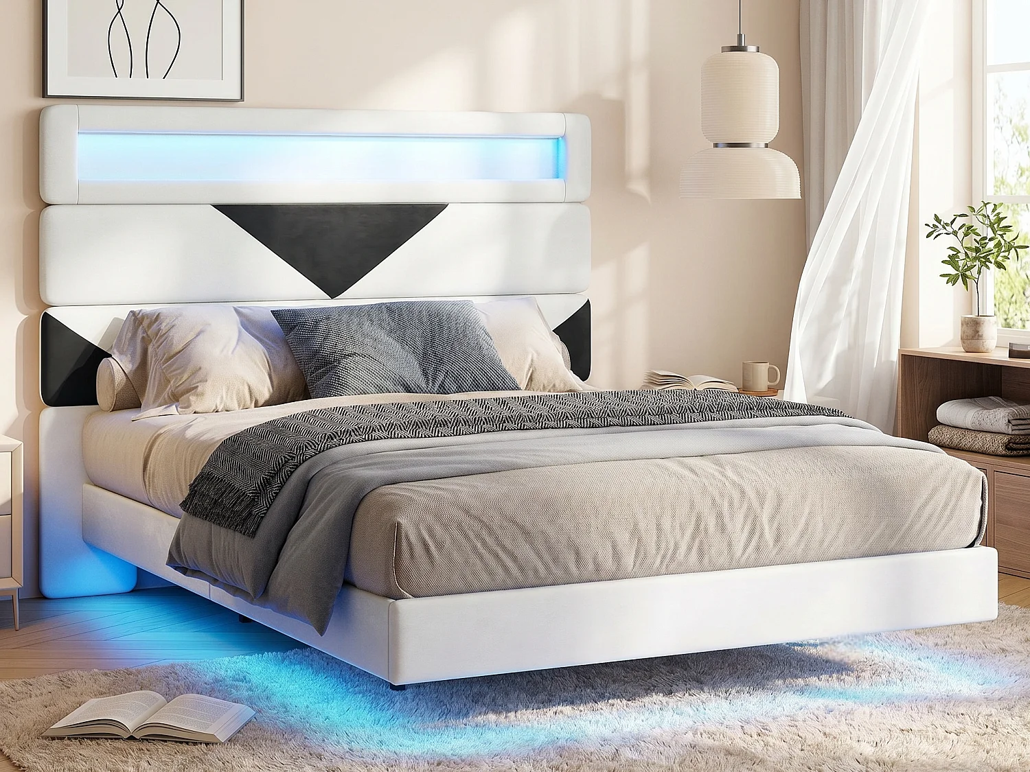 Lit flottant 140x190 cm en velours blanc cassé et noir - Lit double adulte avec sommier à lattes, tête de lit réglable, éclairage LED intégré et port USB