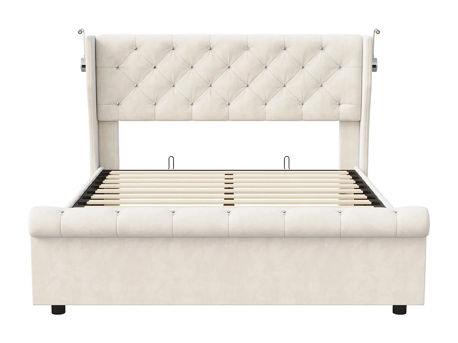 Lit 140x190 cm avec LED et USB - lit adulte 140x190 cm avec coffre - cadre de lit double 140x190 cm avec sommier à lattes - tissu en velours - beige