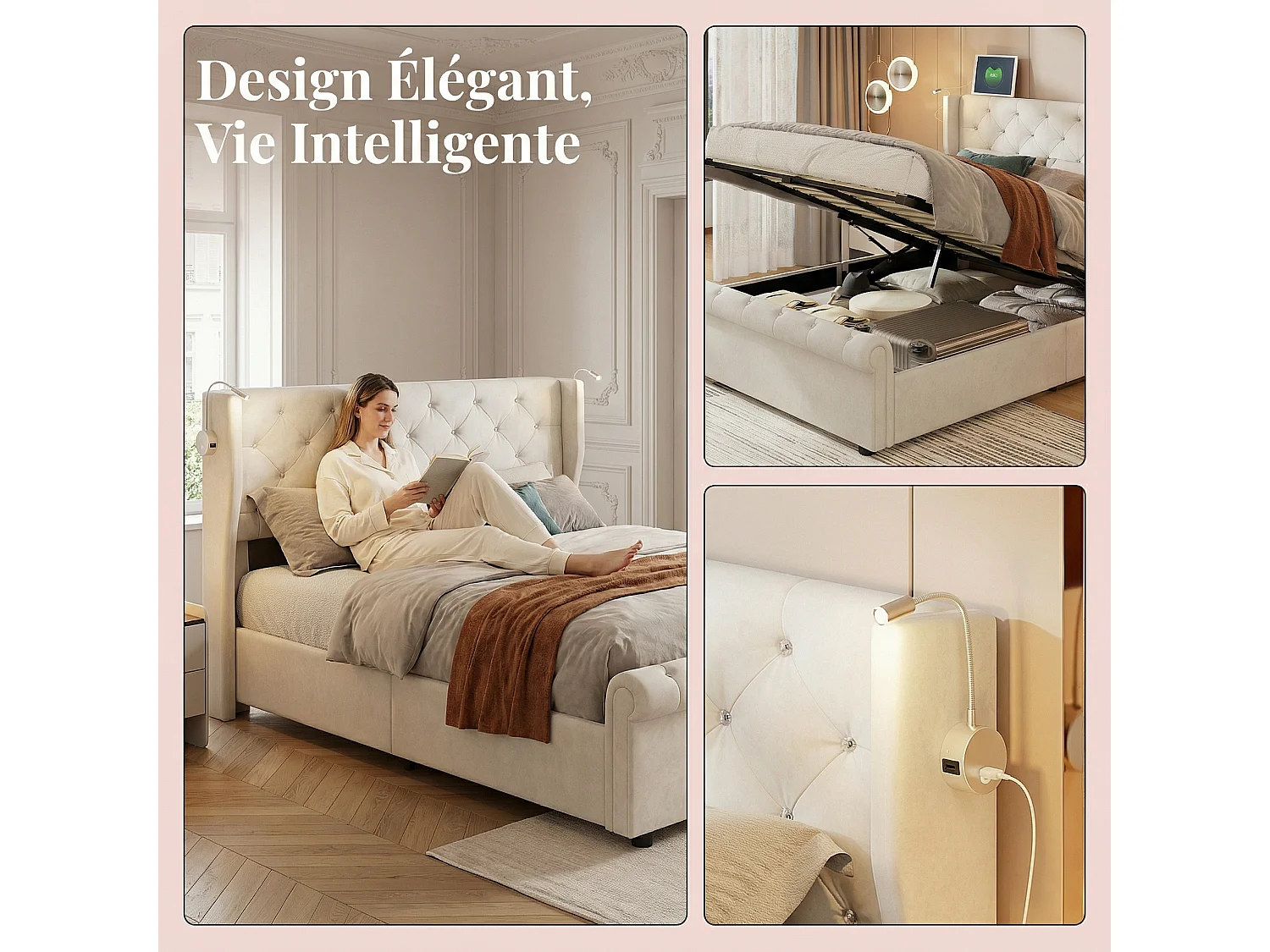 Lit coffre 140 × 190 cm avec sommier à lattes, tête de lit LED et ports USB – Velours beige