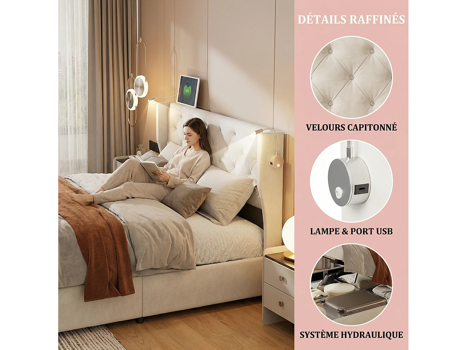 Lit coffre 140 × 190 cm avec sommier à lattes, tête de lit LED et ports USB – Velours beige