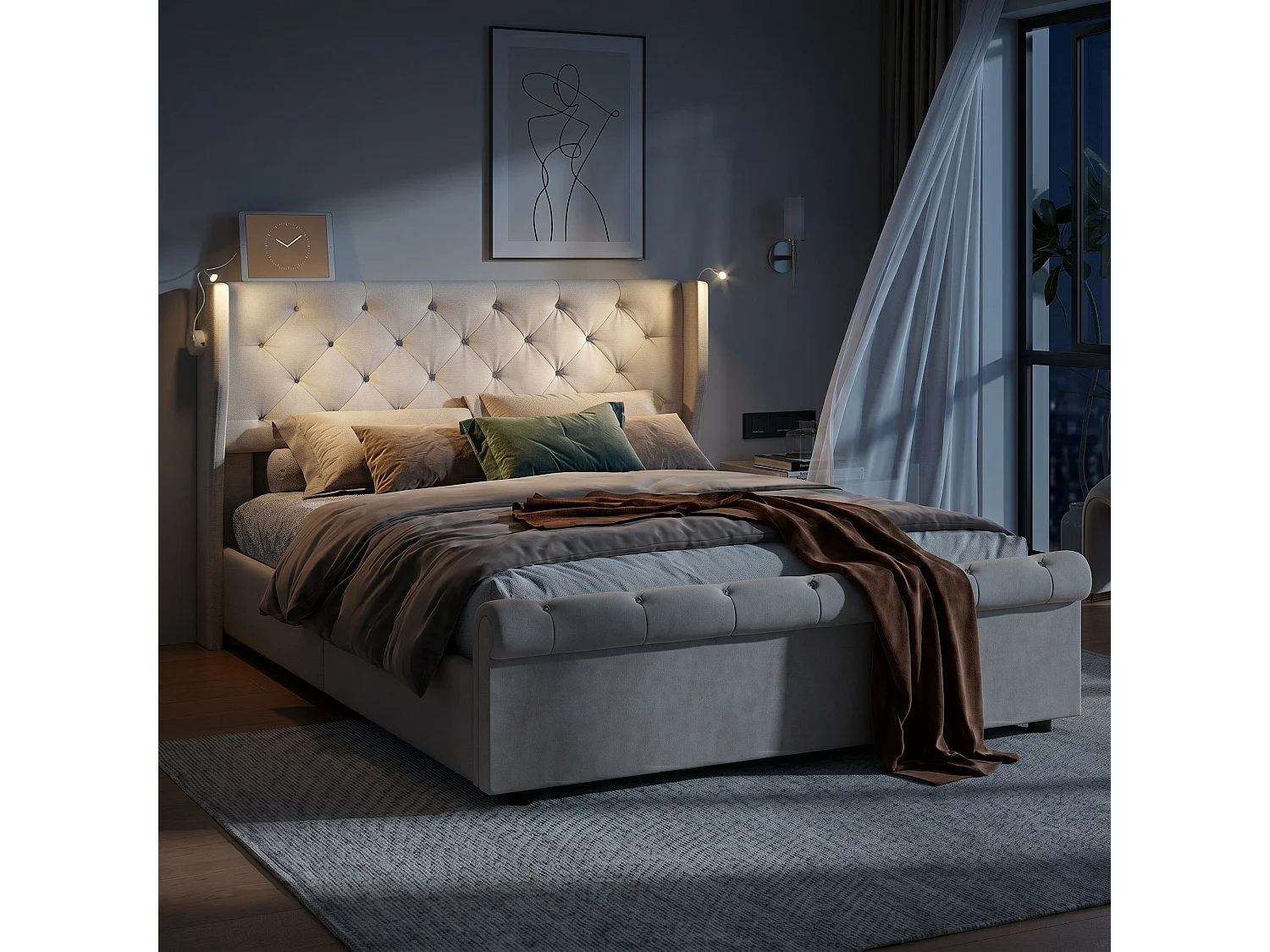 Lit coffre 140 × 190 cm avec sommier à lattes, tête de lit LED et ports USB – Velours beige