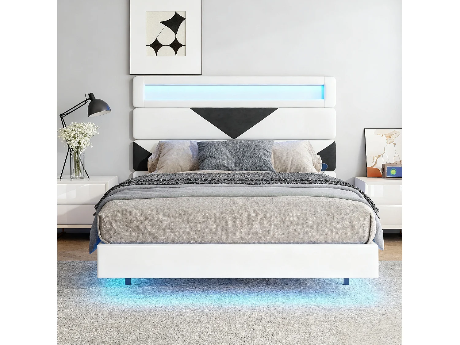 Lit triangle 160x200 cm avec LED et USB - lit adulte 160x200 cm - cadre de lit double 160x200 cm avec sommier à lattes - tissu en  velours - blanc cassé et noir