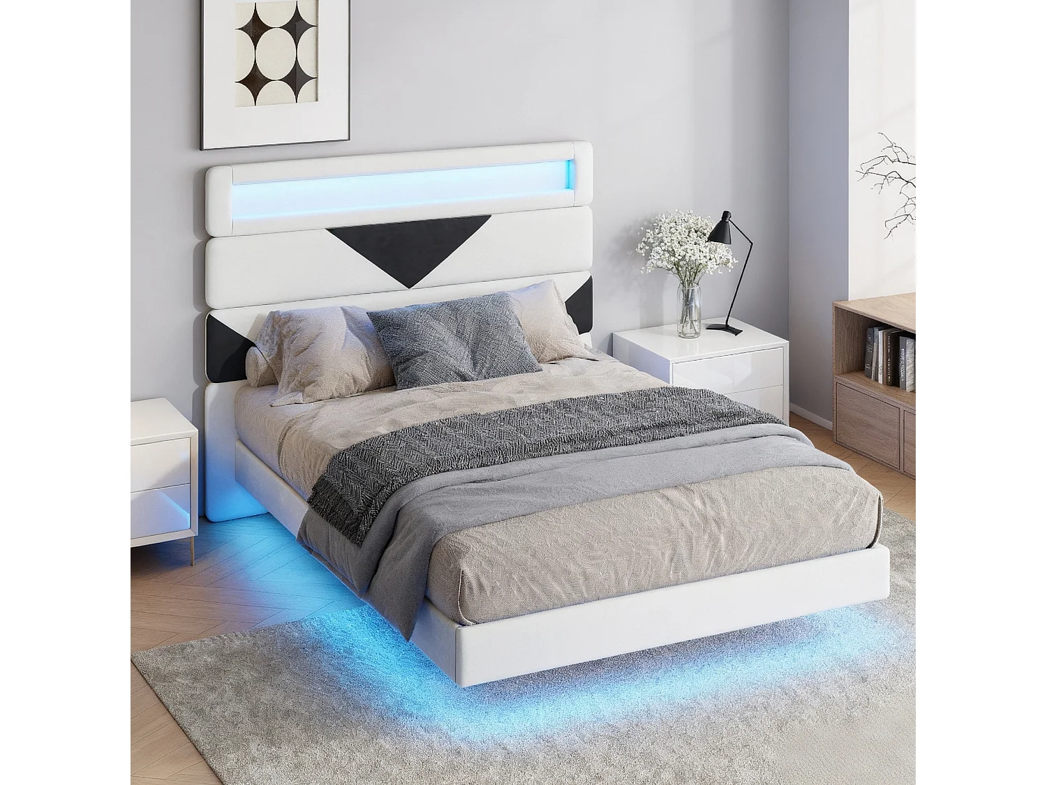 Lit triangle 160x200 cm avec LED et USB - lit adulte 160x200 cm - cadre de lit double 160x200 cm avec sommier à lattes - tissu en  velours - blanc cassé et noir