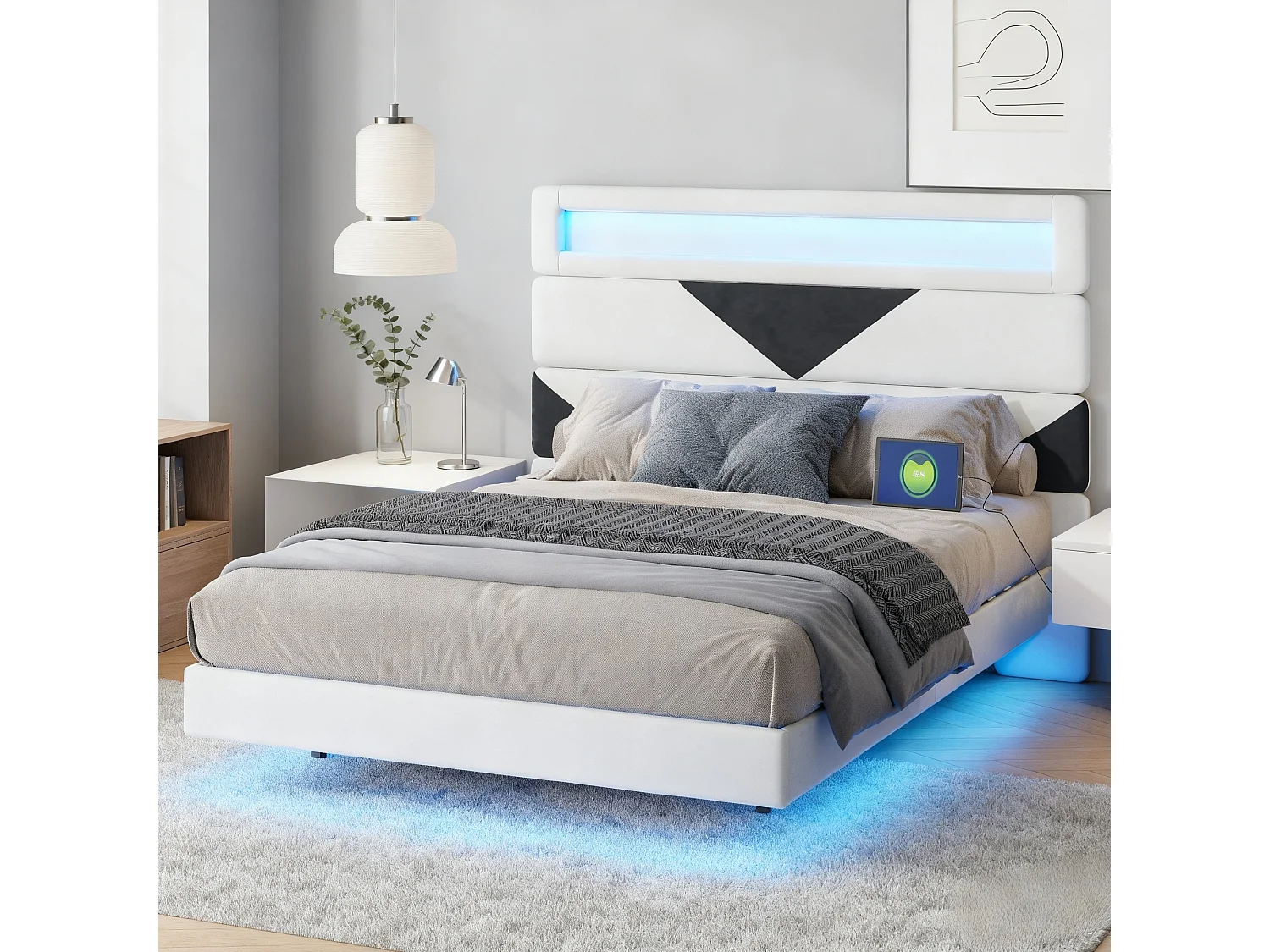 Lit triangle 160x200 cm avec LED et USB - lit adulte 160x200 cm - cadre de lit double 160x200 cm avec sommier à lattes - tissu en  velours - blanc cassé et noir