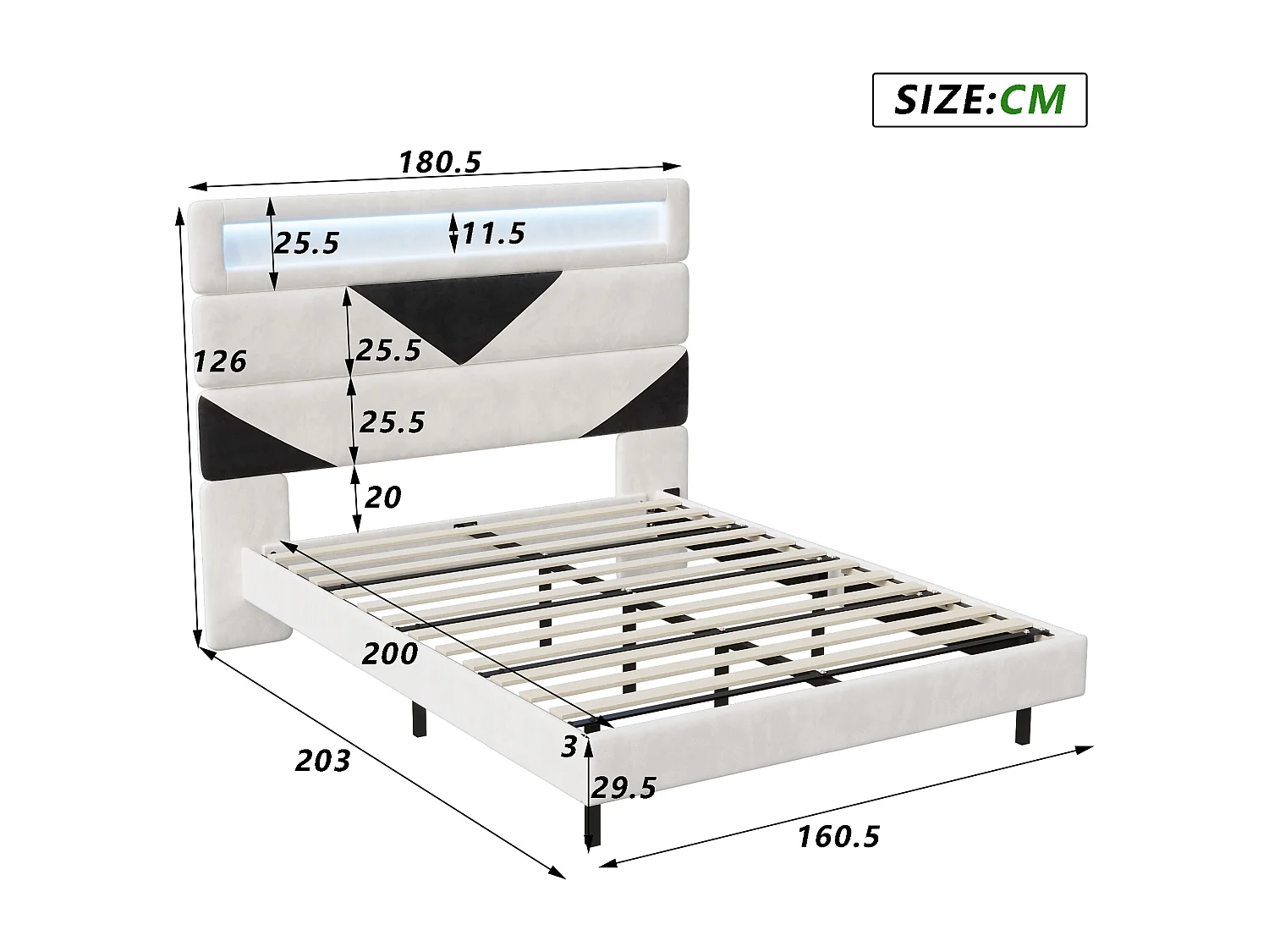 Lit triangle 160x200 cm avec LED et USB - lit adulte 160x200 cm - cadre de lit double 160x200 cm avec sommier à lattes - tissu en  velours - blanc cassé et noir