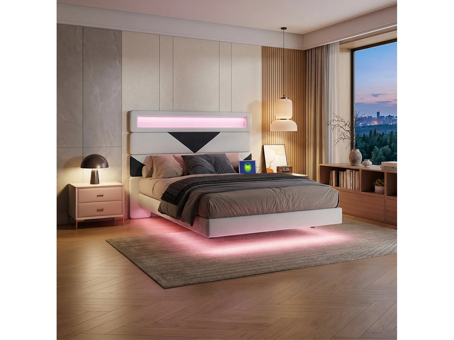 Lit adulte 160x200 cm avec tête de lit triangulaire, sommier à lattes, LED et ports USB, revêtement en velours blanc cassé et noir