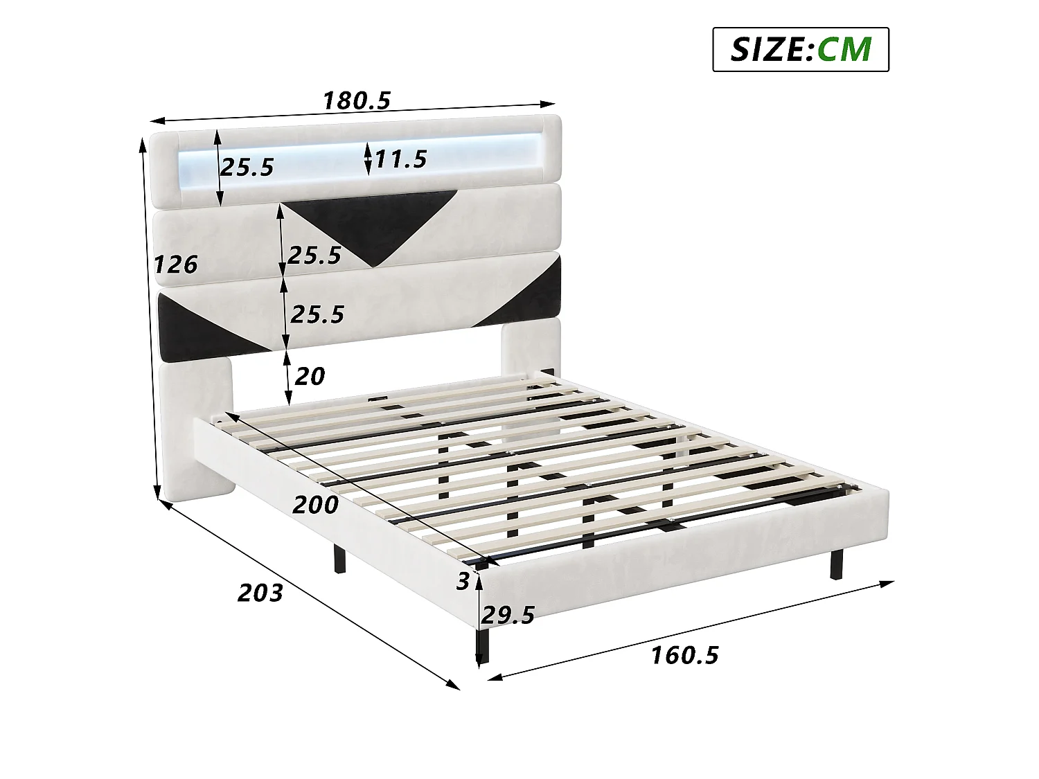 Lit adulte 160x200 cm avec tête de lit triangulaire, sommier à lattes, LED et ports USB, revêtement en velours blanc cassé et noir