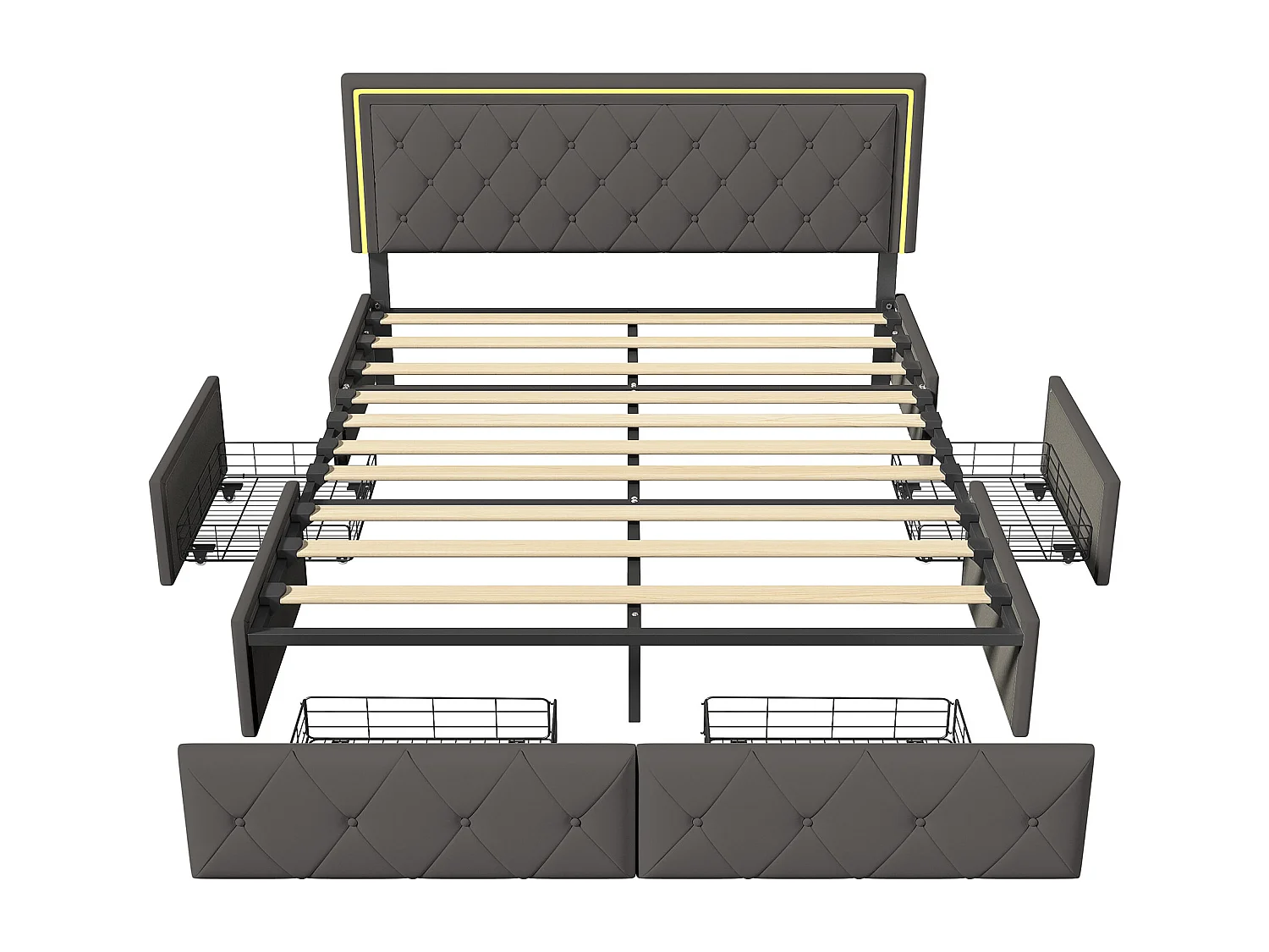 Lit 160x200 cm avec LED - lit adulte 160x200 cm avec 4 tiroir - cadre de lit double 160x200 cm avec sommier à lattes - tissu en PU - gris