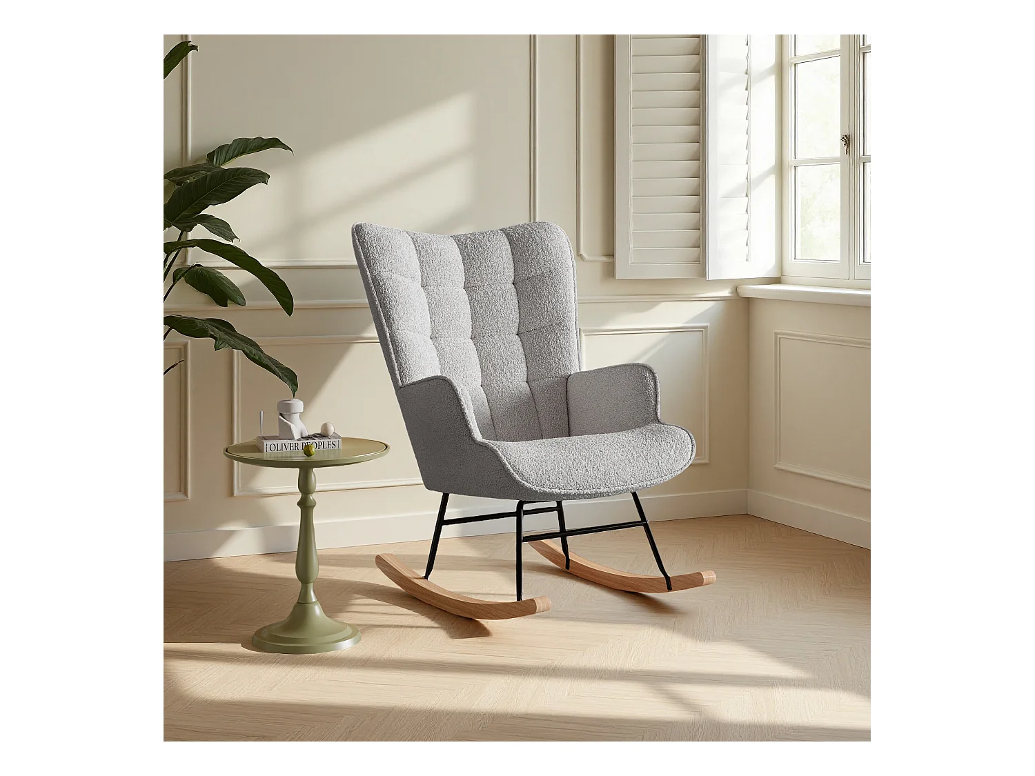 fauteuil à bascule, rocking chair en velours, Scandinave, pied en bois massif, gris clair