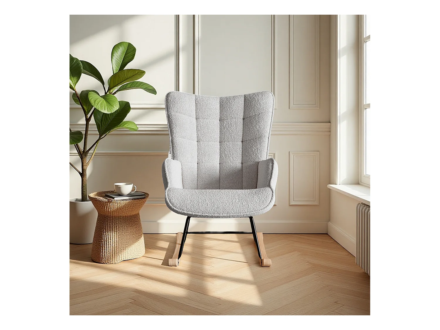 fauteuil à bascule, rocking chair en velours, Scandinave, pied en bois massif, gris clair