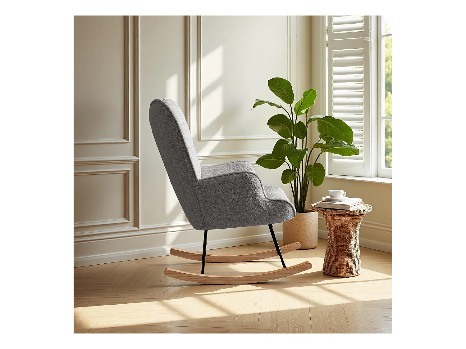 fauteuil à bascule, rocking chair en velours, Scandinave, pied en bois massif, gris clair