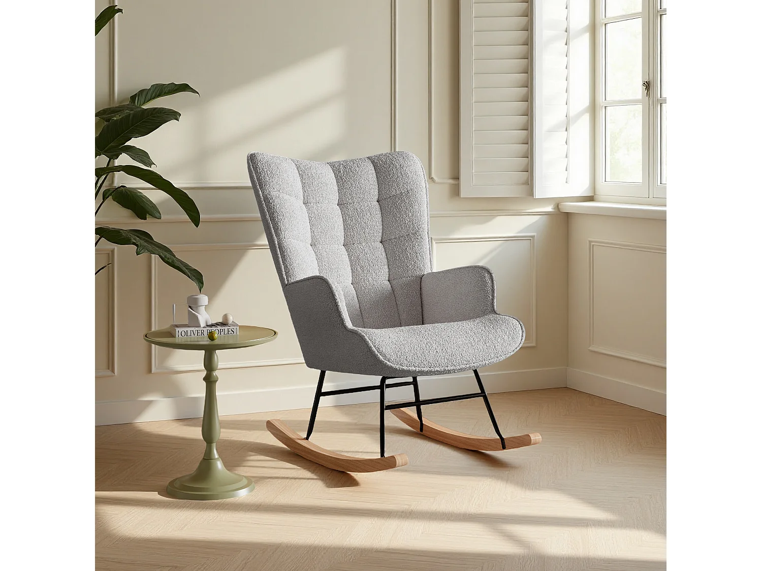 fauteuil à bascule, rocking chair en velours, Scandinave, pied en bois massif, gris clair