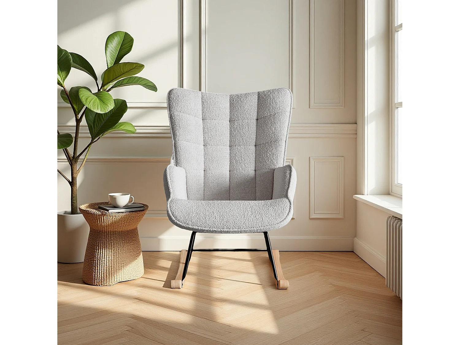 fauteuil à bascule, rocking chair en velours, Scandinave, pied en bois massif, gris clair