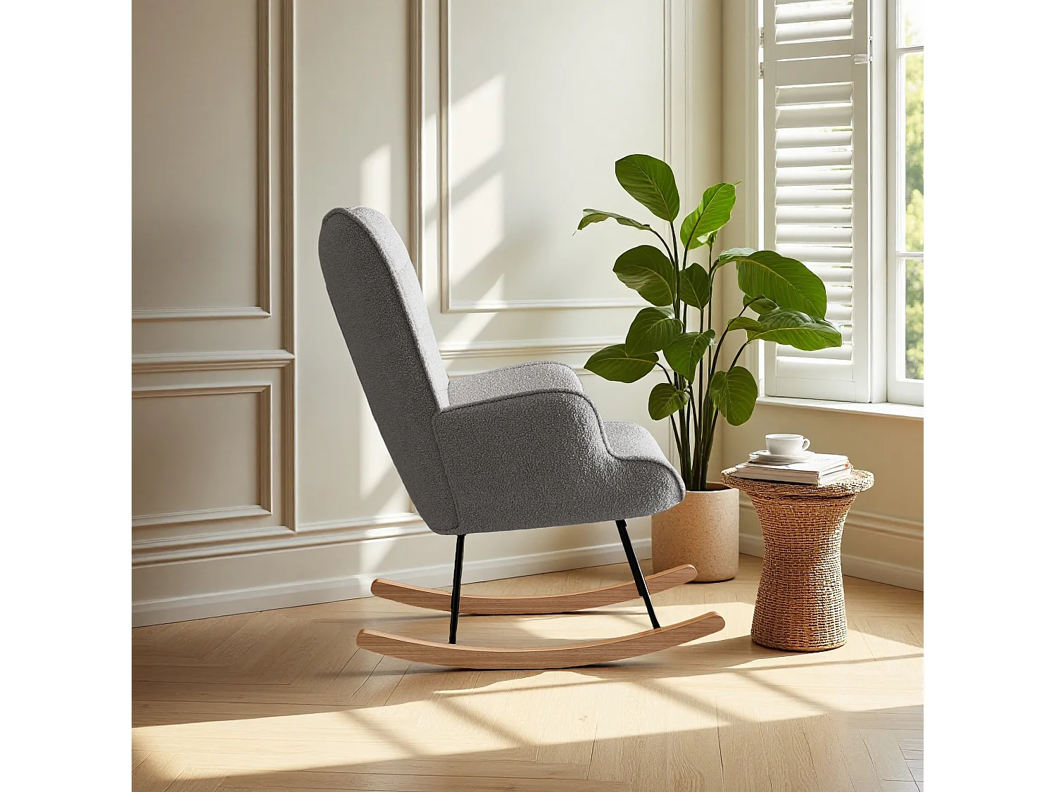fauteuil à bascule, rocking chair en velours, Scandinave, pied en bois massif, gris clair