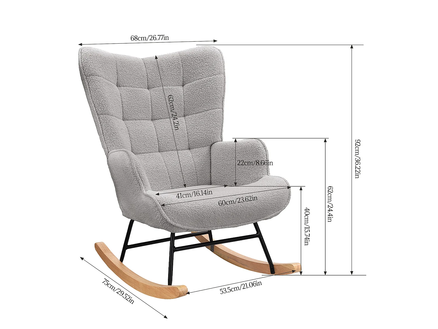 Fauteuil à bascule en velours gris clair – Rocking chair scandinave avec pieds en bois massif