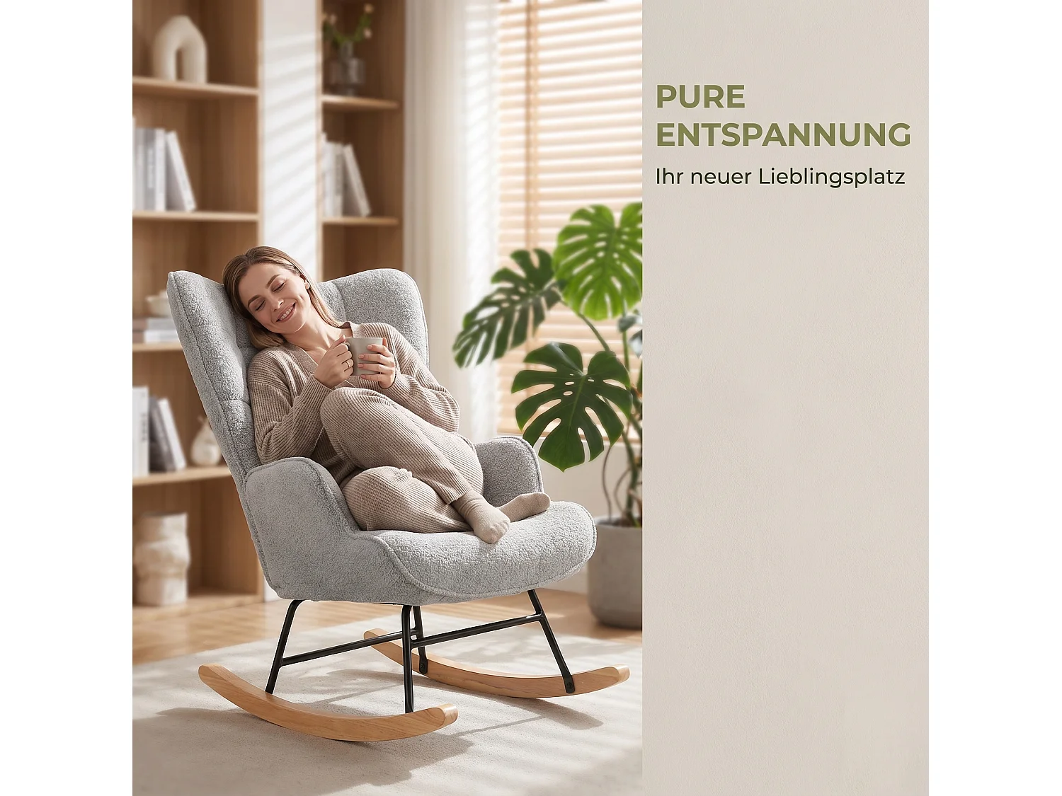 Fauteuil à bascule en velours gris clair – Rocking chair scandinave avec pieds en bois massif