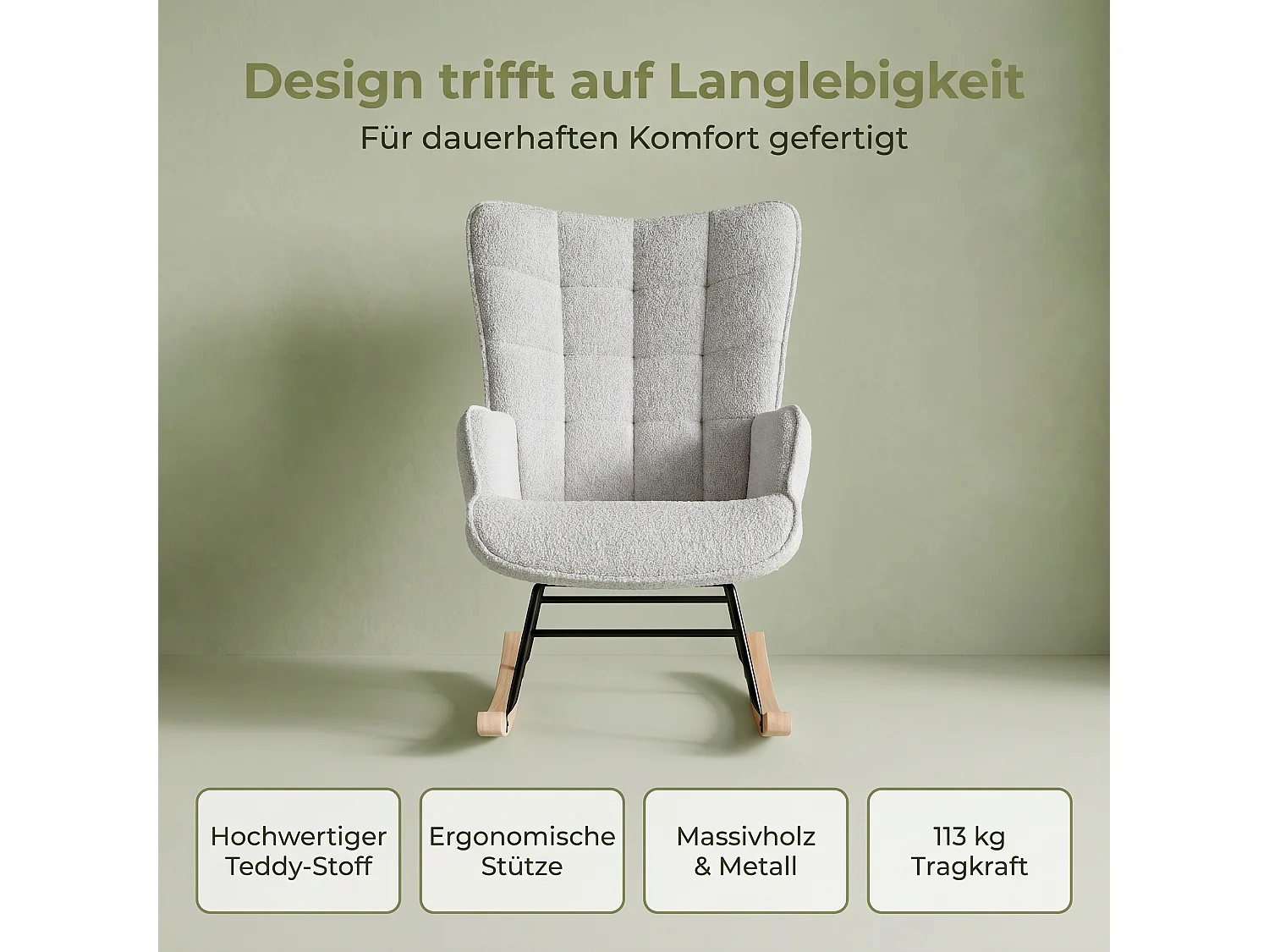 Fauteuil à bascule en velours gris clair – Rocking chair scandinave avec pieds en bois massif