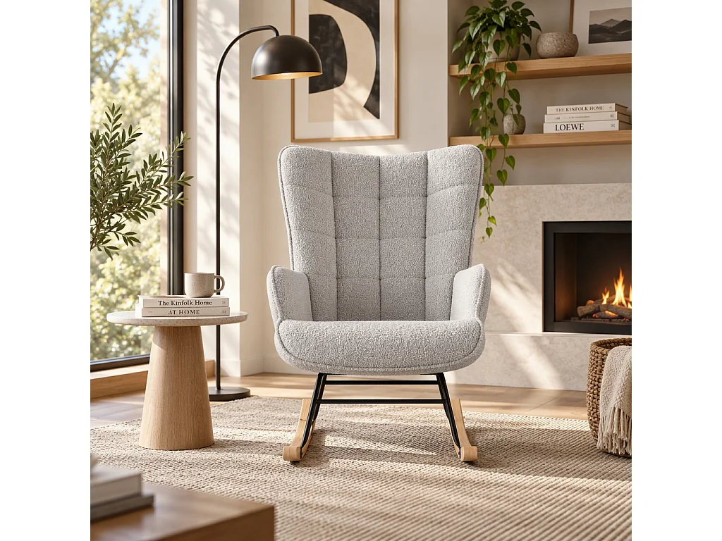 Fauteuil à bascule en velours gris clair – Rocking chair scandinave avec pieds en bois massif