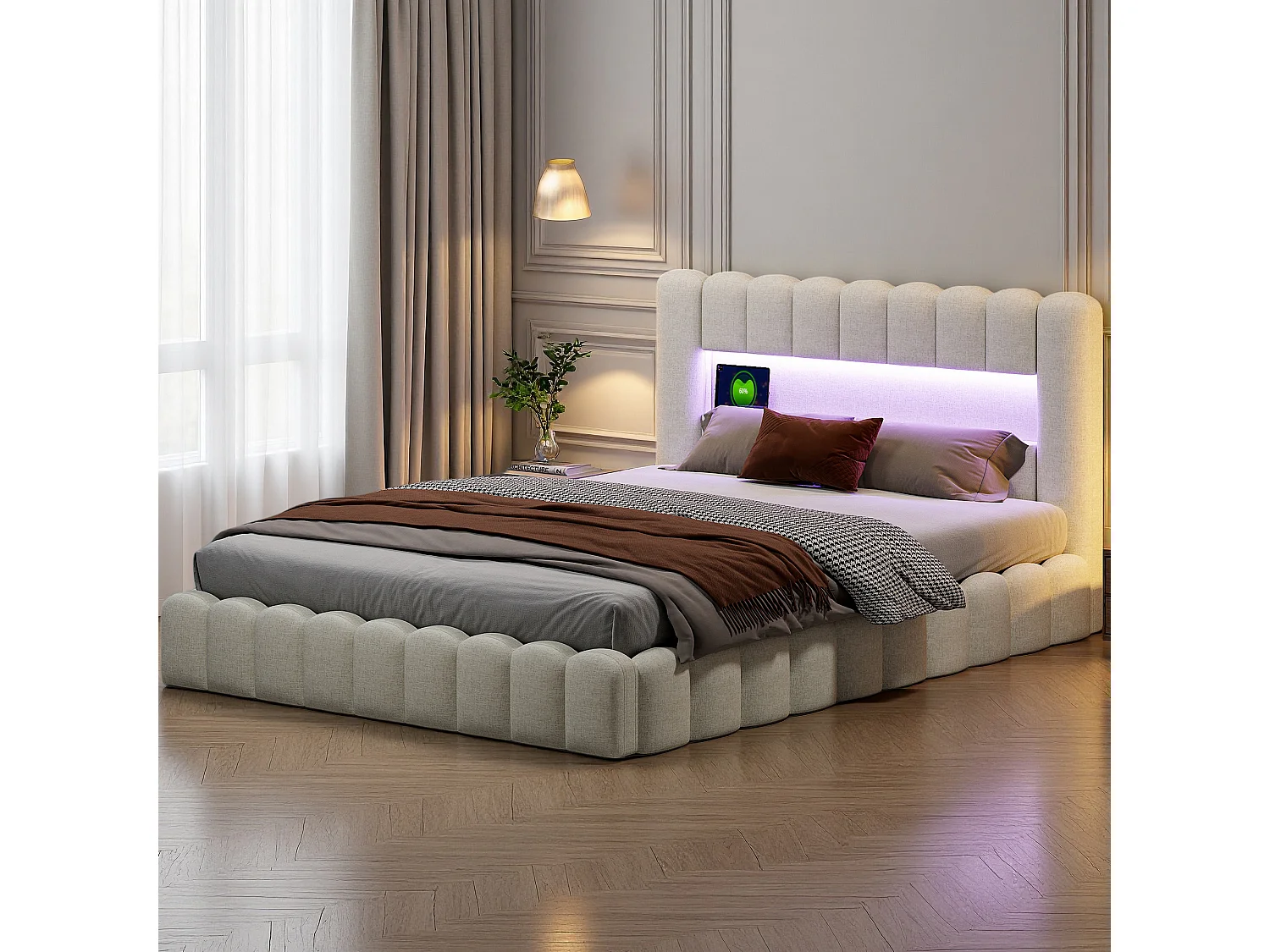 Lit coffre 160x200 cm avec sommier à lattes - lit adulte 160x200 cm - cadre de lit 160x200 cm avec LED et USB - tissu en lin - beige