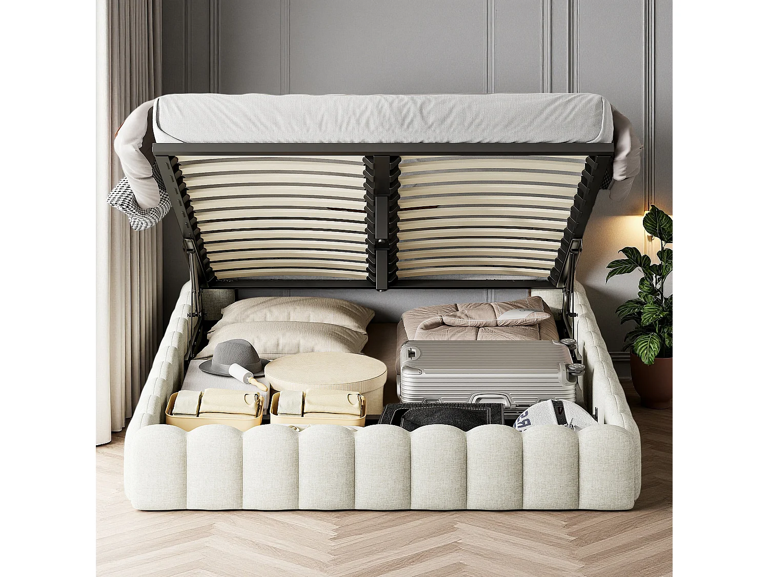 Lit coffre 160x200 cm avec sommier à lattes - lit adulte 160x200 cm - cadre de lit 160x200 cm avec LED et USB - tissu en lin - beige