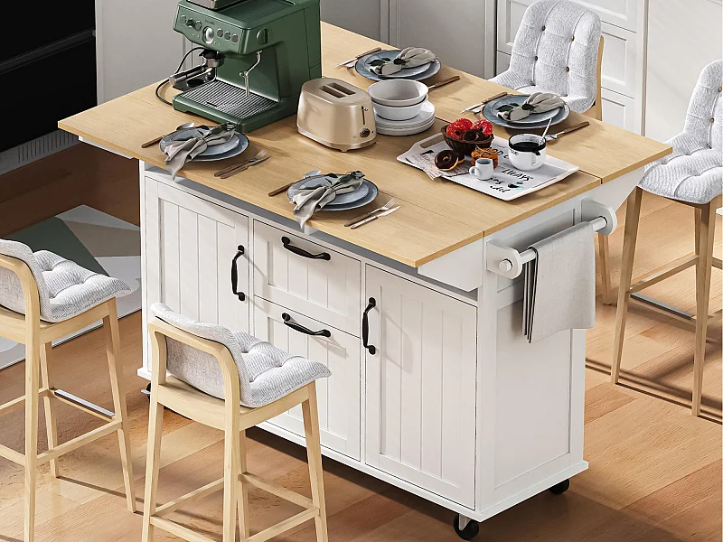 Mobilna wyspa kuchenna 120x40-80x92 cm - z kółkami - z USB - 2 szuflady i 2 drzwi - blat rozkładany - z wieszakiem na ręczniki - czarny