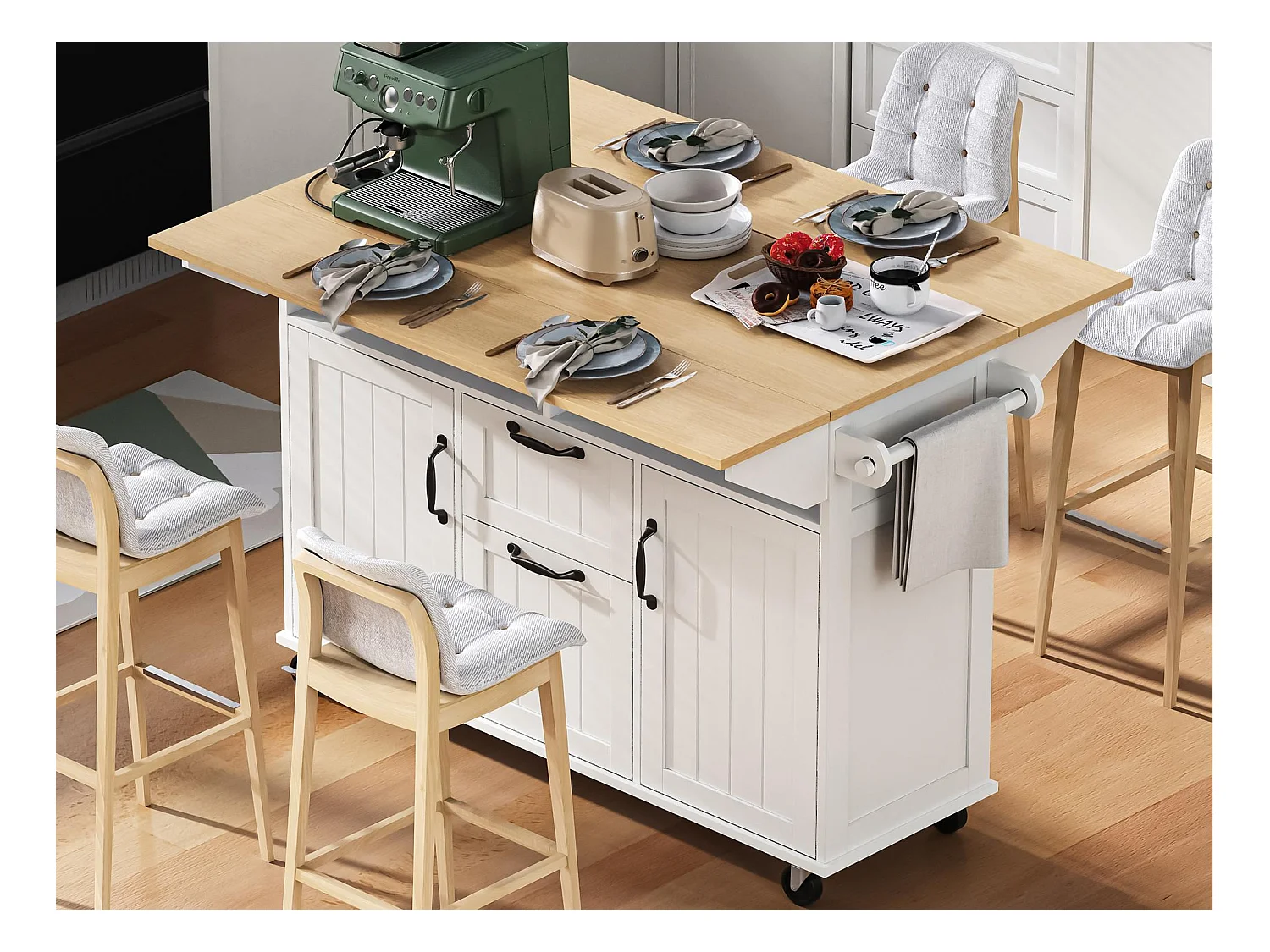 Ilot central de cuisine mobile 120x40-80x92cm - avec roulettes - avec USB - 2 tiroirs et 2 portes - plateau extensible - avec porte-serviettes - blanc