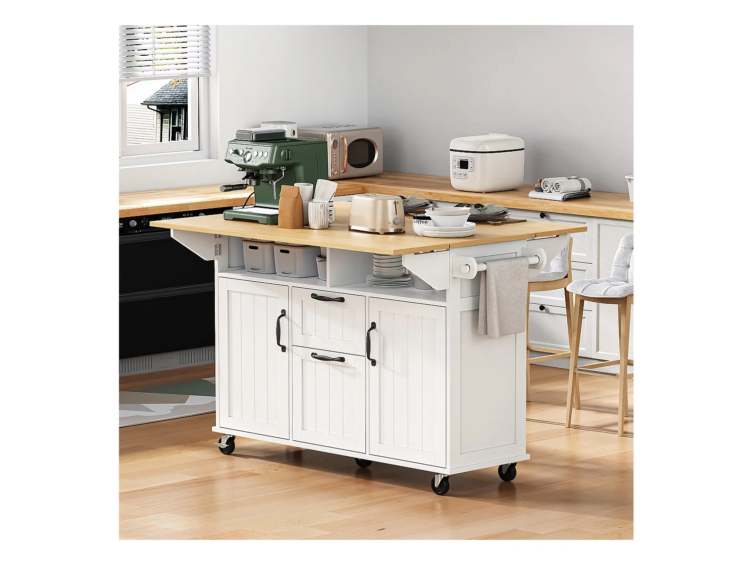 Ilot central de cuisine mobile 120x40-80x92cm - avec roulettes - avec USB - 2 tiroirs et 2 portes - plateau extensible - avec porte-serviettes - blanc