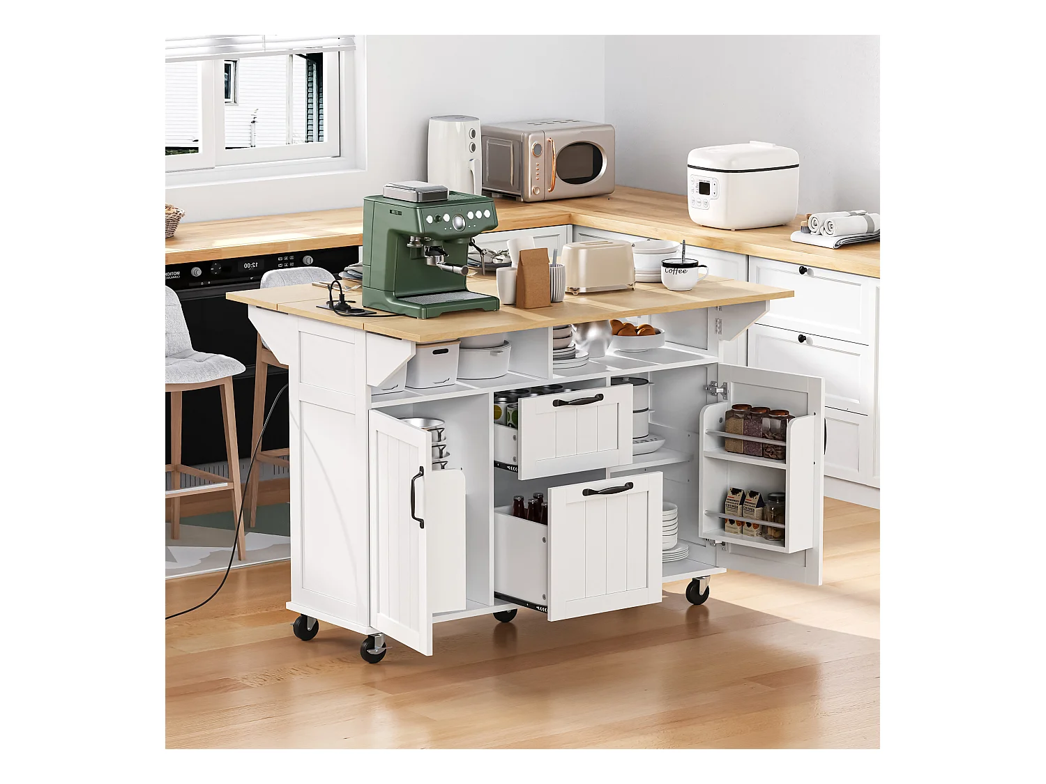 Ilot central de cuisine mobile 120x40-80x92cm - avec roulettes - avec USB - 2 tiroirs et 2 portes - plateau extensible - avec porte-serviettes - blanc