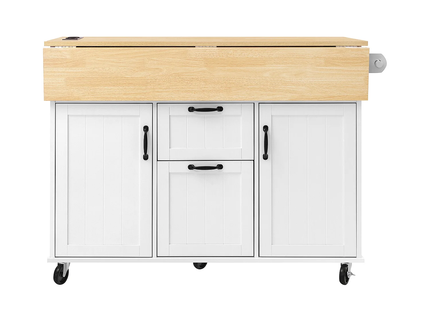 Ilot central de cuisine mobile 120x40-80x92cm - avec roulettes - avec USB - 2 tiroirs et 2 portes - plateau extensible - avec porte-serviettes - blanc