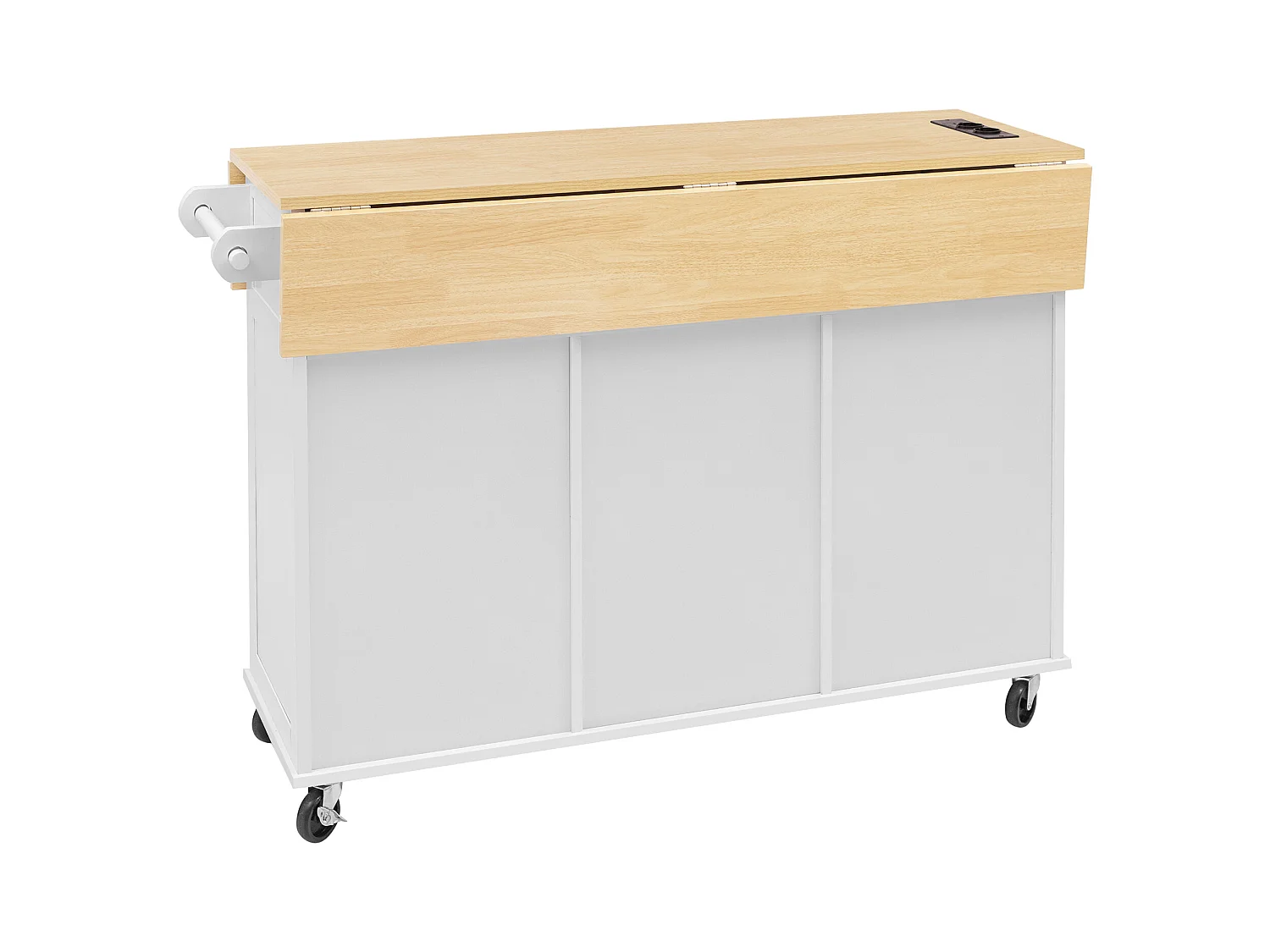 Ilot central de cuisine mobile 120x40-80x92cm - avec roulettes - avec USB - 2 tiroirs et 2 portes - plateau extensible - avec porte-serviettes - blanc
