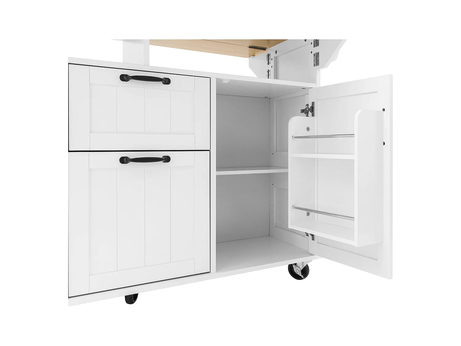 Ilot central de cuisine mobile 120x40-80x92cm - avec roulettes - avec USB - 2 tiroirs et 2 portes - plateau extensible - avec porte-serviettes - blanc