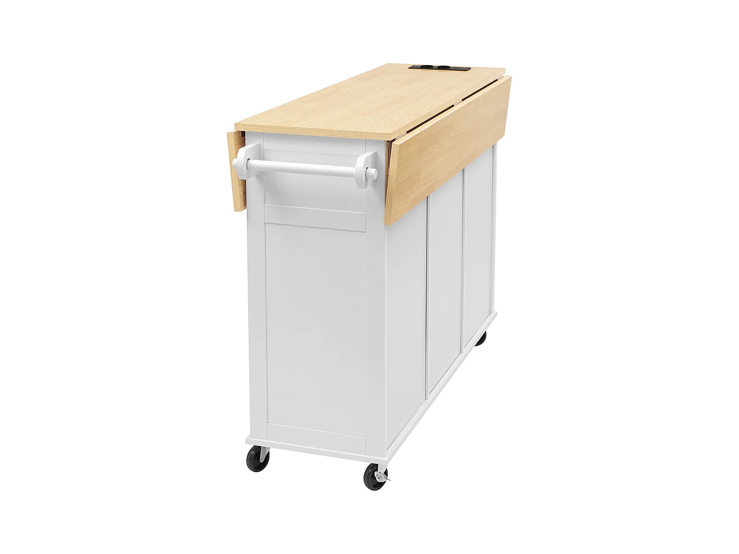 Ilot central de cuisine mobile 120x40-80x92cm - avec roulettes - avec USB - 2 tiroirs et 2 portes - plateau extensible - avec porte-serviettes - blanc