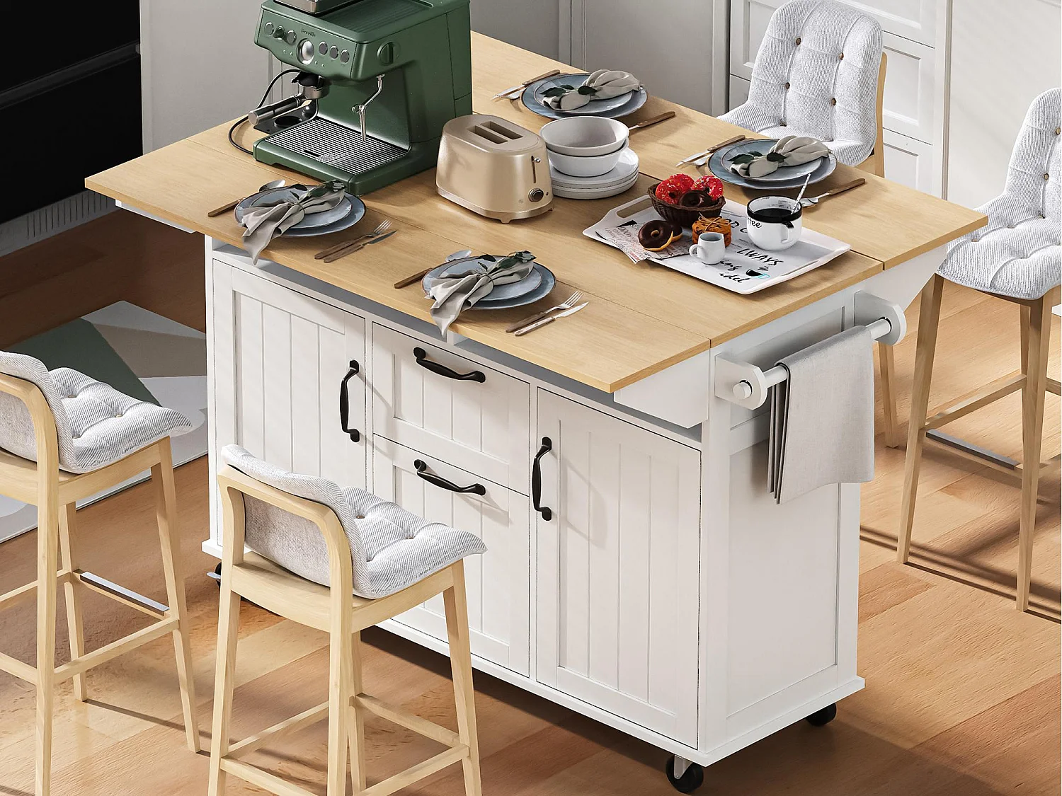 Ilot central de cuisine mobile 120x40-80x92cm - avec roulettes - avec USB - 2 tiroirs et 2 portes - plateau extensible - avec porte-serviettes - blanc