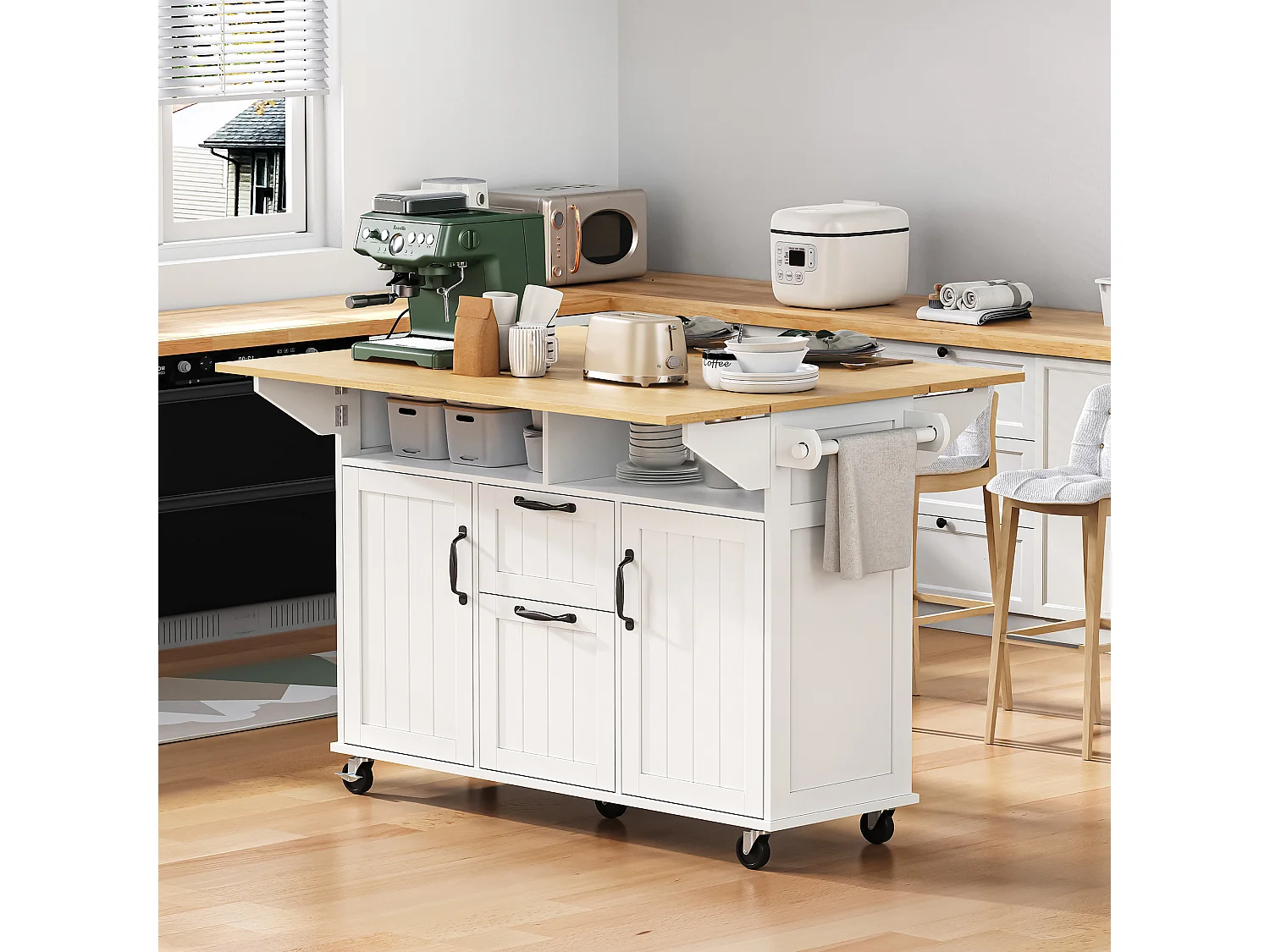 Ilot central de cuisine mobile 120x40-80x92cm - avec roulettes - avec USB - 2 tiroirs et 2 portes - plateau extensible - avec porte-serviettes - blanc