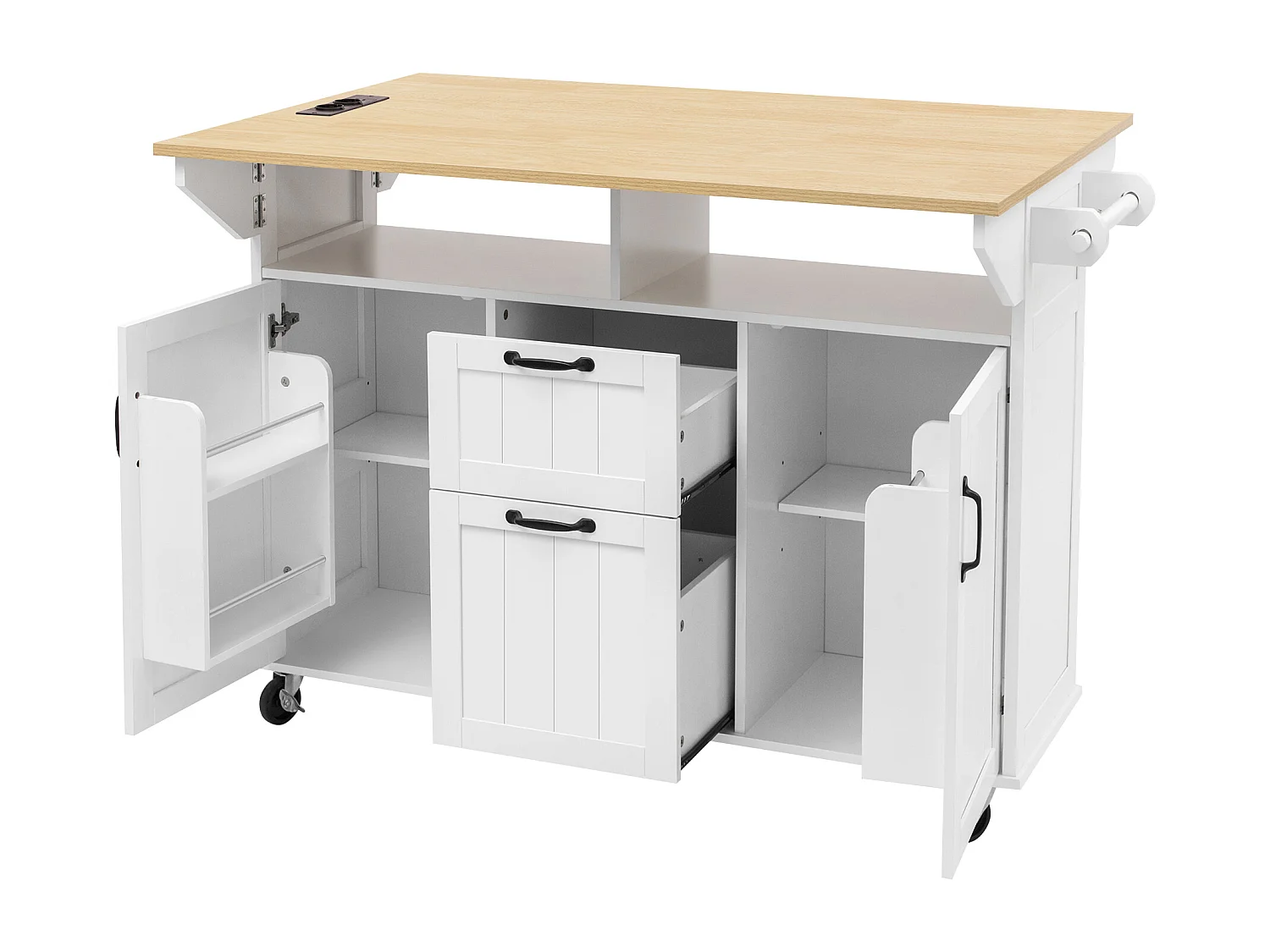 Ilot central de cuisine mobile 120x40-80x92cm - avec roulettes - avec USB - 2 tiroirs et 2 portes - plateau extensible - avec porte-serviettes - blanc