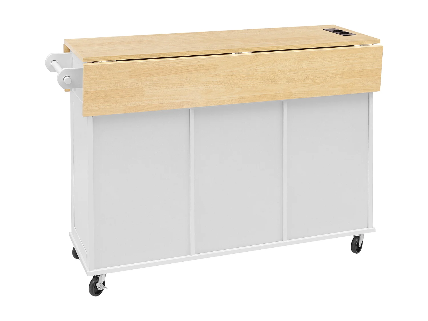 Ilot central de cuisine mobile 120x40-80x92cm - avec roulettes - avec USB - 2 tiroirs et 2 portes - plateau extensible - avec porte-serviettes - blanc