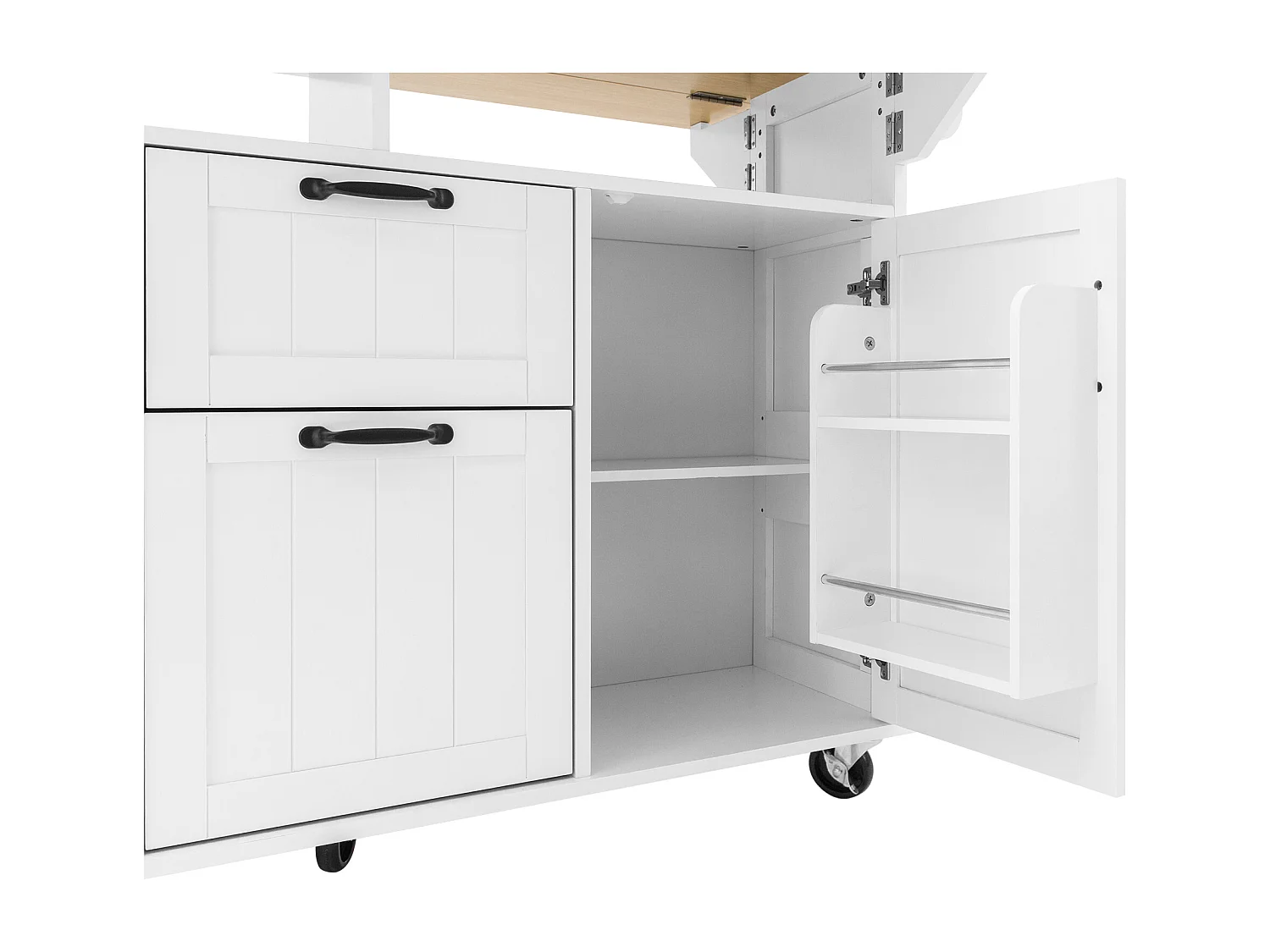 Ilot central de cuisine mobile 120x40-80x92cm - avec roulettes - avec USB - 2 tiroirs et 2 portes - plateau extensible - avec porte-serviettes - blanc