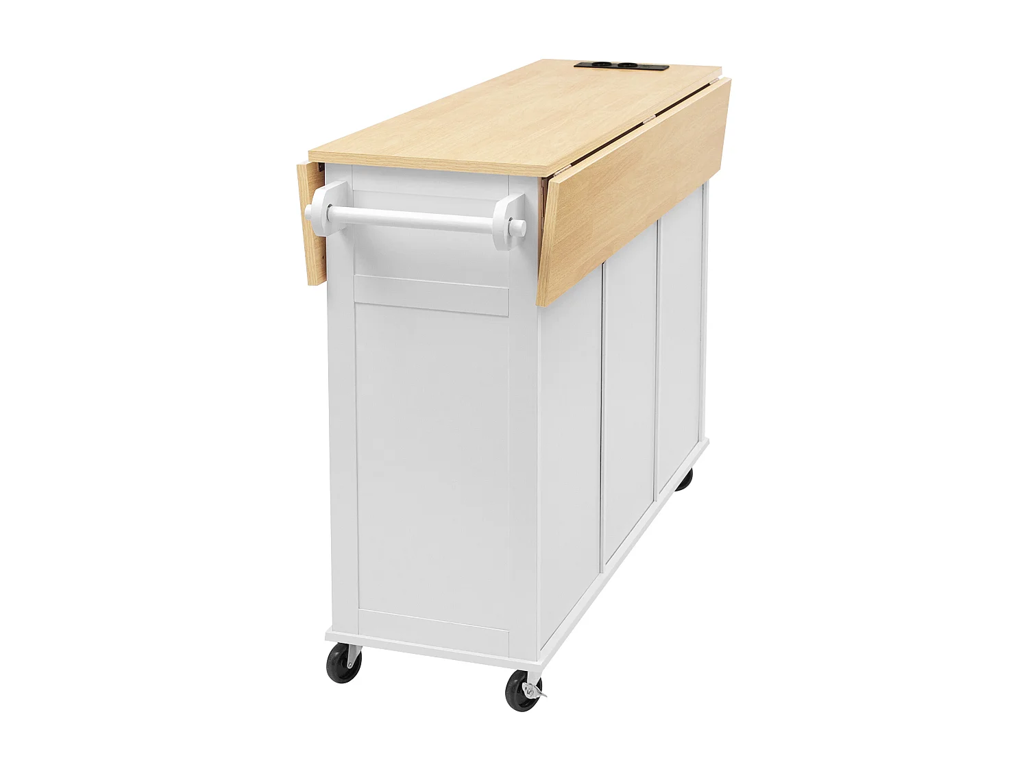Ilot central de cuisine mobile 120x40-80x92cm - avec roulettes - avec USB - 2 tiroirs et 2 portes - plateau extensible - avec porte-serviettes - blanc