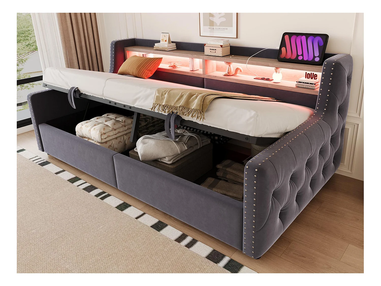 Tapicerowana sofa z łóżkiem 90x200 cm - z oświetleniem LED - schowki - gniazdko elektryczne + port ładowania - ciemnoszary