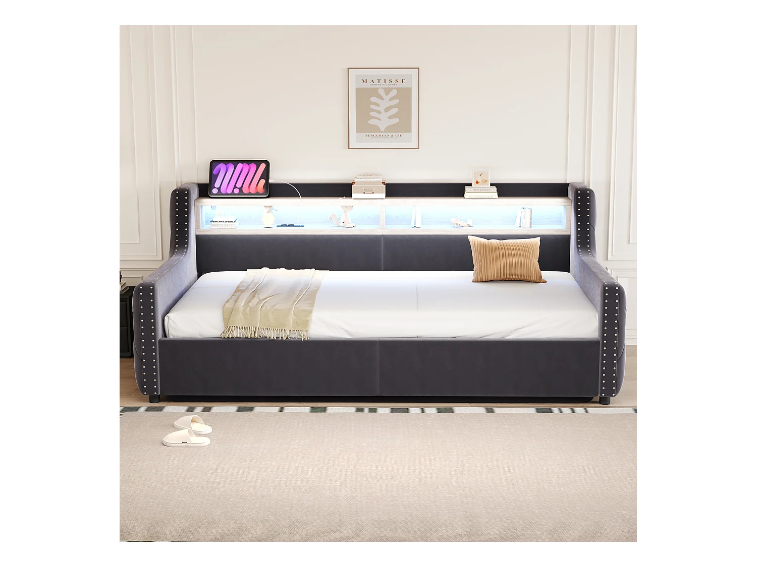 Tapicerowana sofa z łóżkiem 90x200 cm - z oświetleniem LED - schowki - gniazdko elektryczne + port ładowania - ciemnoszary