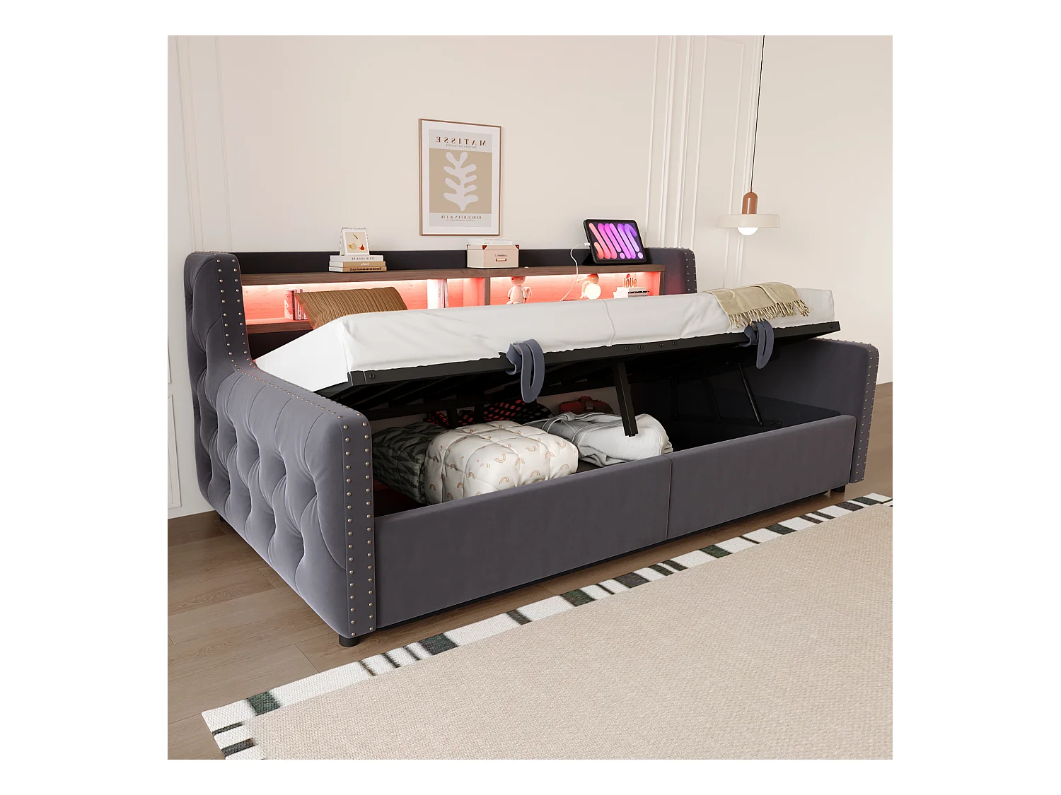 Tapicerowana sofa z łóżkiem 90x200 cm - z oświetleniem LED - schowki - gniazdko elektryczne + port ładowania - ciemnoszary