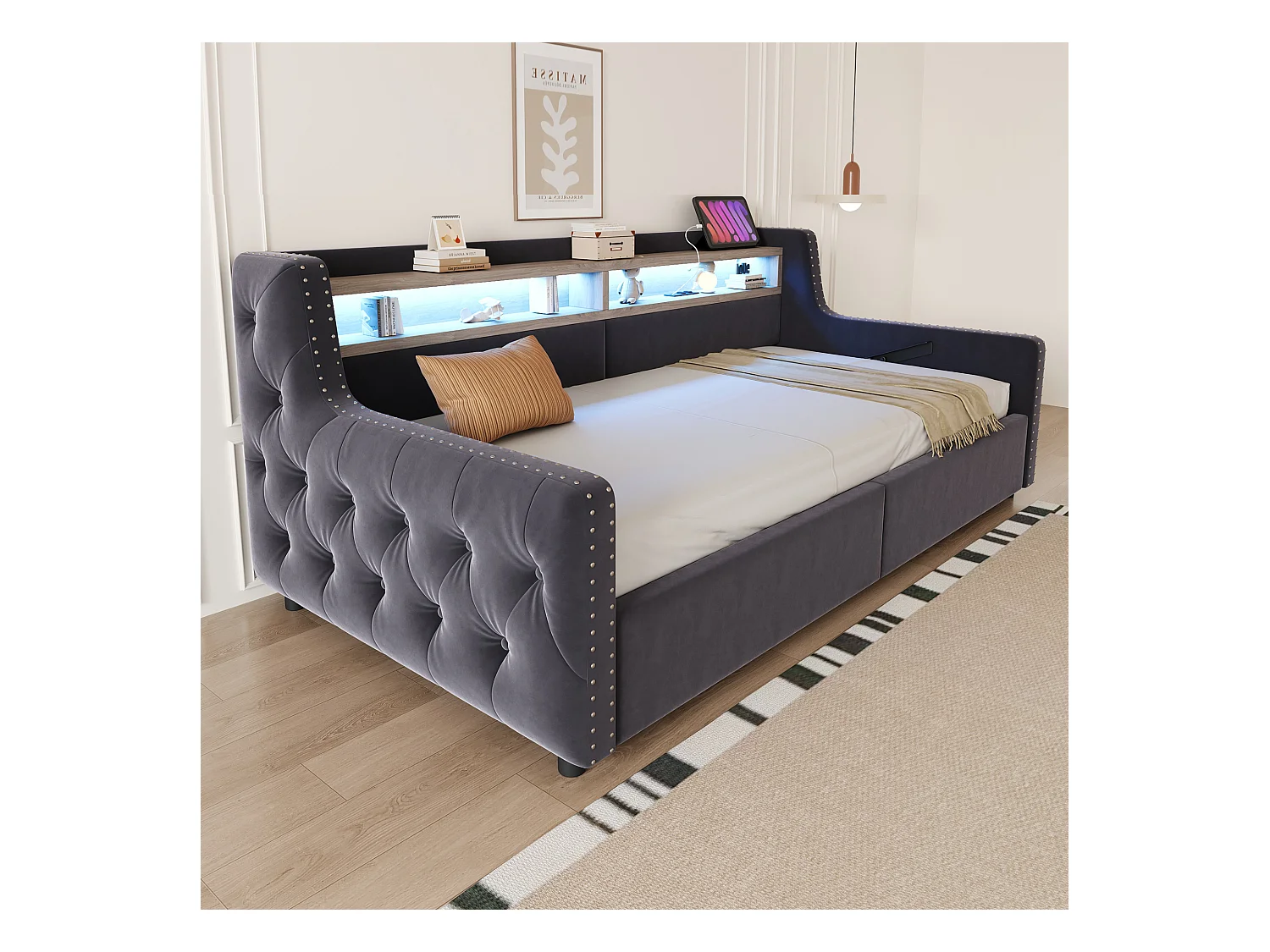 Tapicerowana sofa z łóżkiem 90x200 cm - z oświetleniem LED - schowki - gniazdko elektryczne + port ładowania - ciemnoszary