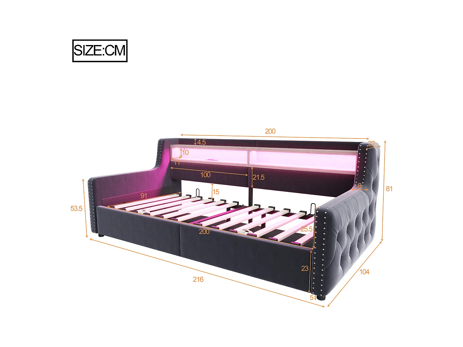 Tapicerowana sofa z łóżkiem 90x200 cm - z oświetleniem LED - schowki - gniazdko elektryczne + port ładowania - ciemnoszary