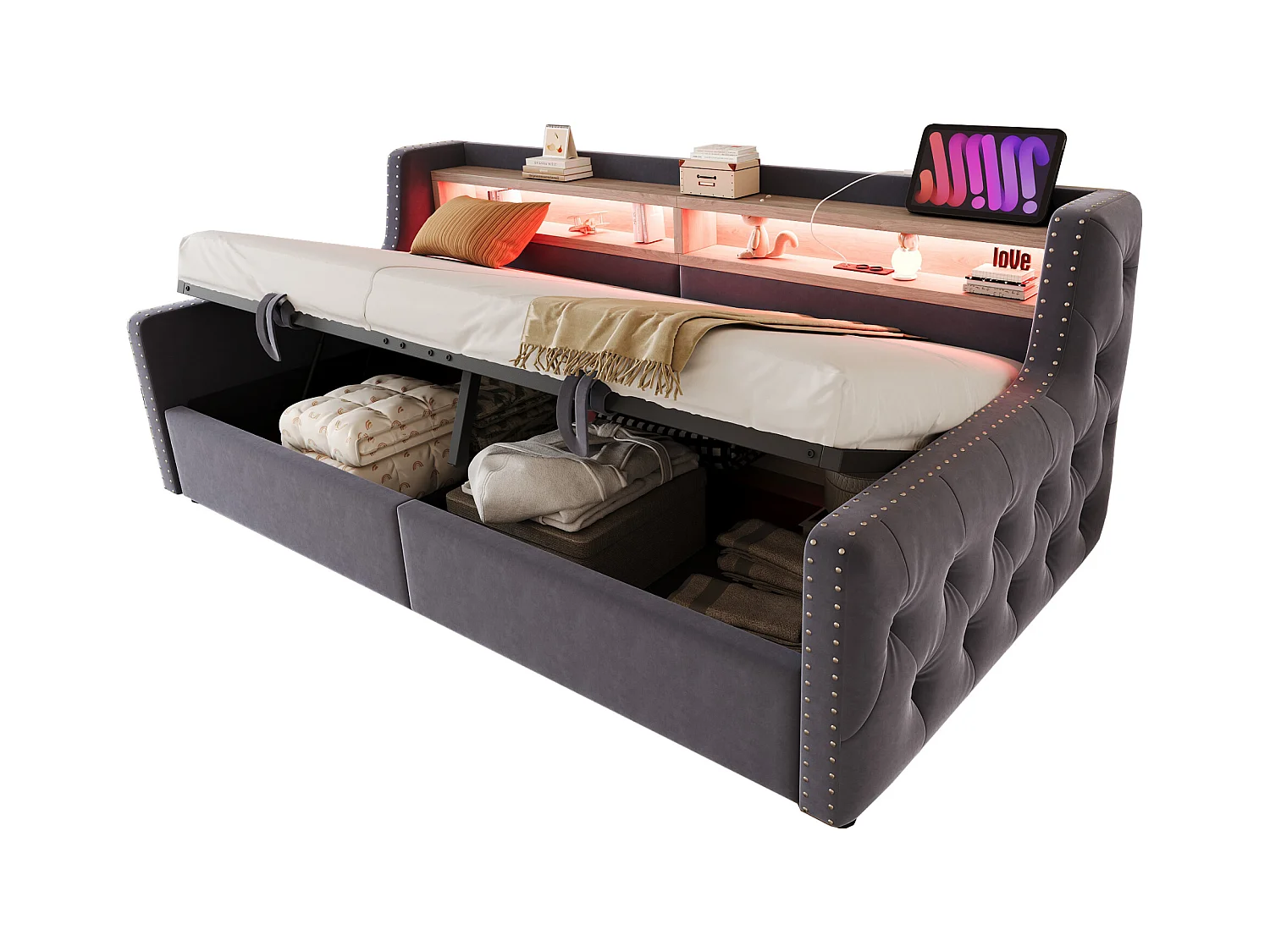 Tapicerowana sofa z łóżkiem 90x200 cm - z oświetleniem LED - schowki - gniazdko elektryczne + port ładowania - ciemnoszary