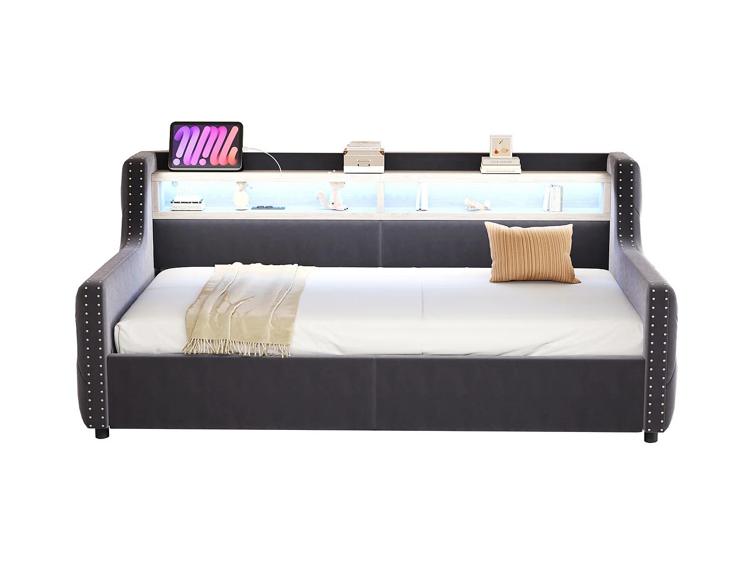 Tapicerowana sofa z łóżkiem 90x200 cm - z oświetleniem LED - schowki - gniazdko elektryczne + port ładowania - ciemnoszary