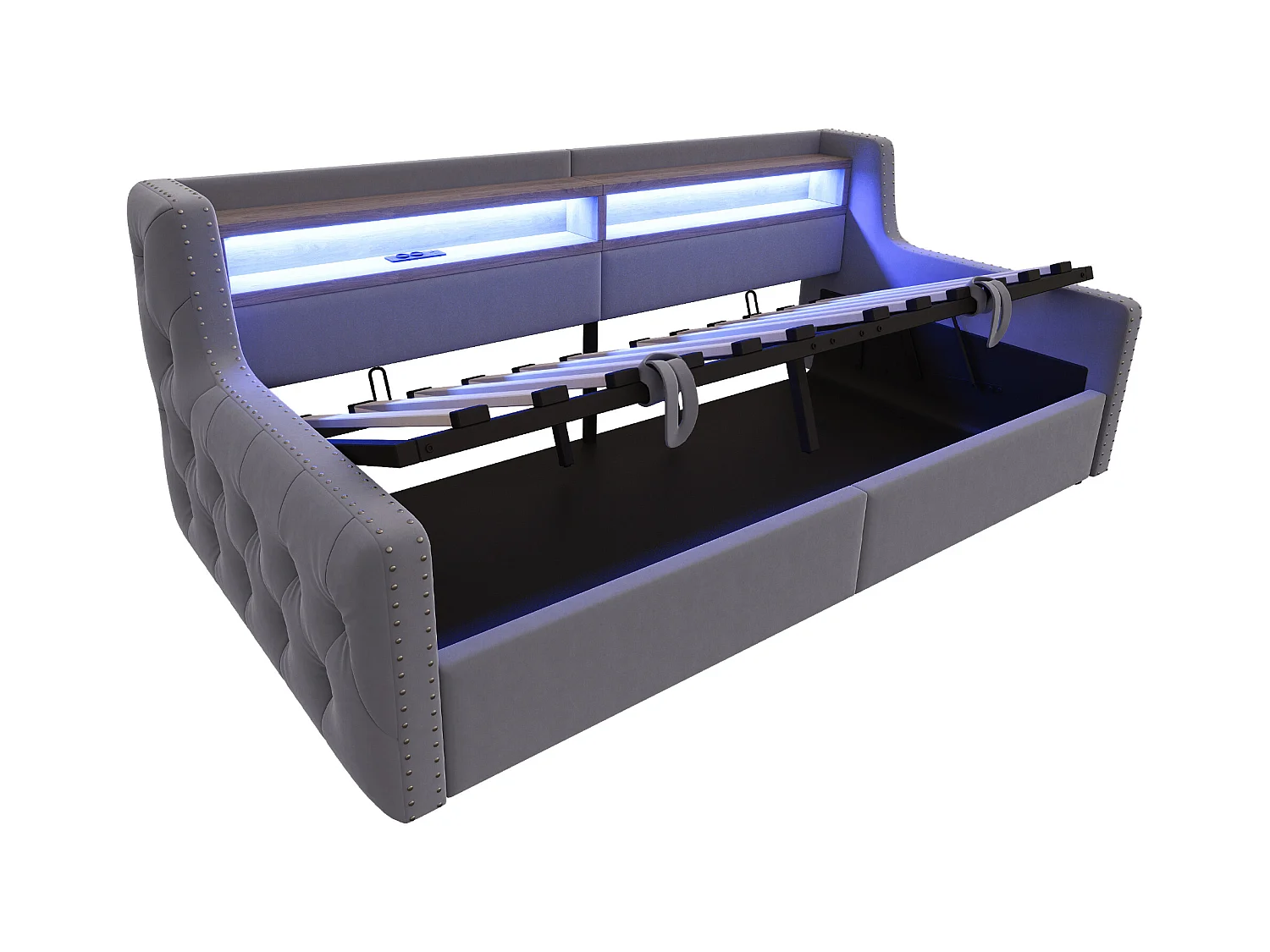 Tapicerowana sofa z łóżkiem 90x200 cm - z oświetleniem LED - schowki - gniazdko elektryczne + port ładowania - ciemnoszary
