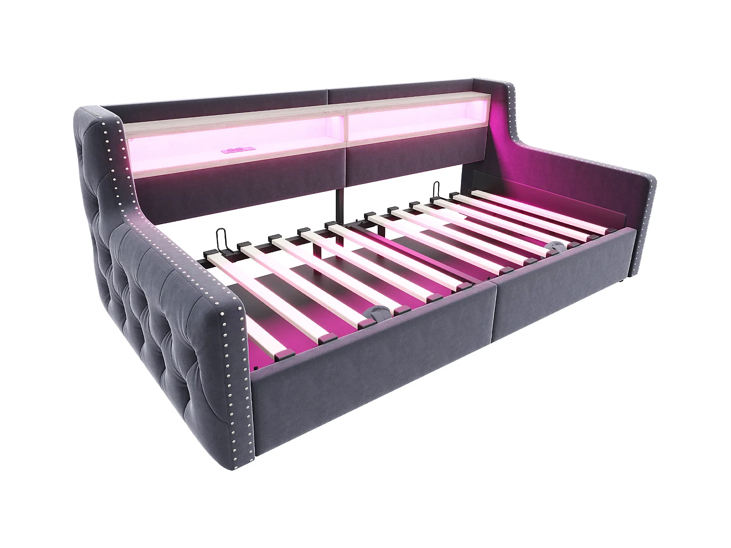 Tapicerowana sofa z łóżkiem 90x200 cm - z oświetleniem LED - schowki - gniazdko elektryczne + port ładowania - ciemnoszary