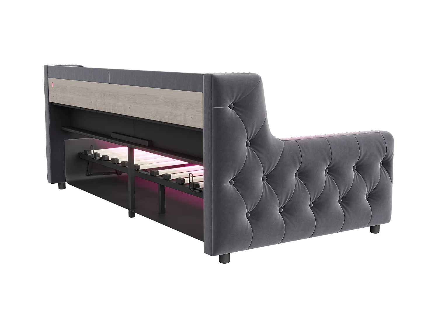 Tapicerowana sofa z łóżkiem 90x200 cm - z oświetleniem LED - schowki - gniazdko elektryczne + port ładowania - ciemnoszary